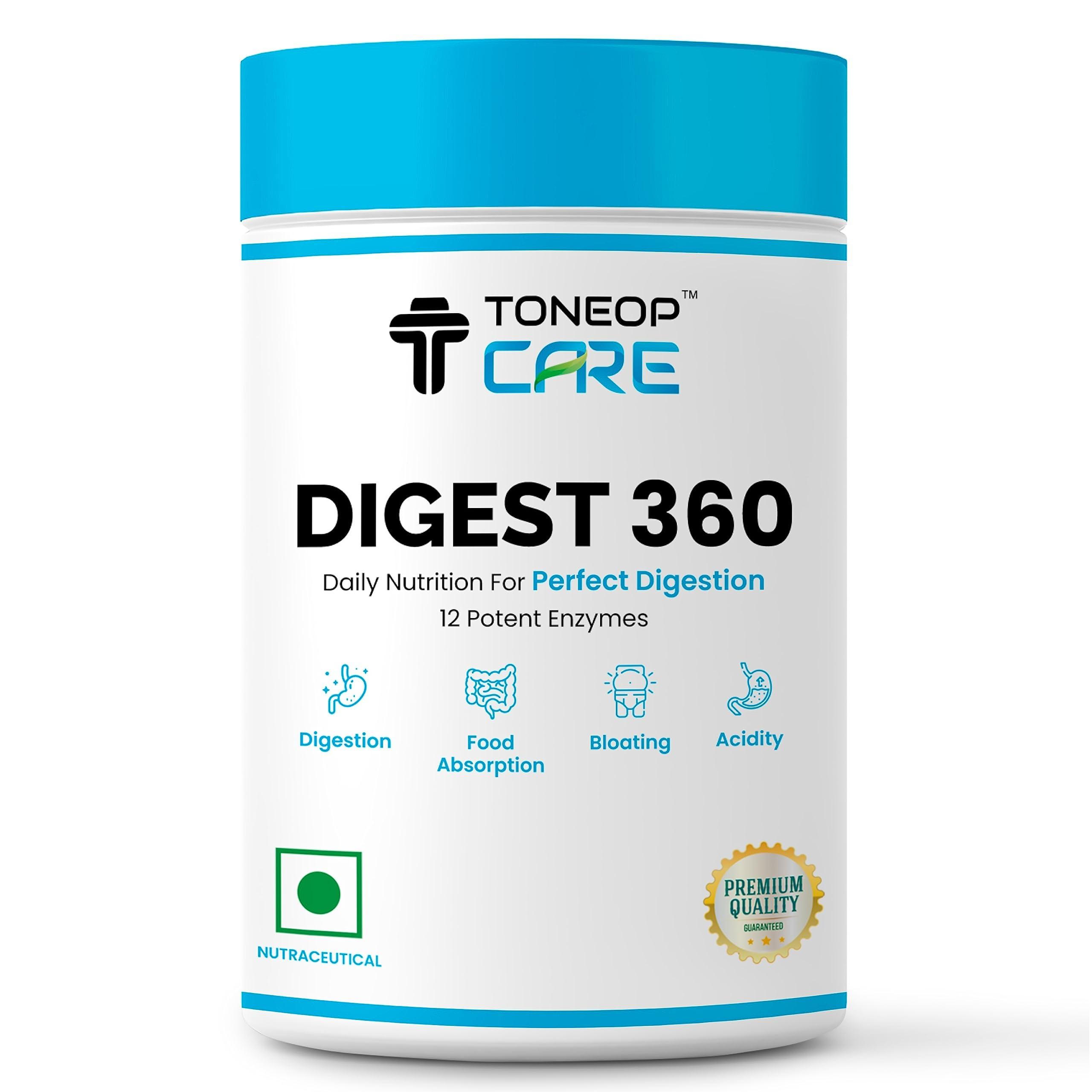 ToneOp Care ToneOp Care Digest 360 - Improves Digestion & Relief From Bloating | Helps in Reducing Acidity | With a Powerful Blend of 12 Enzymes | For Complete Digestive Care | 60 Tablets