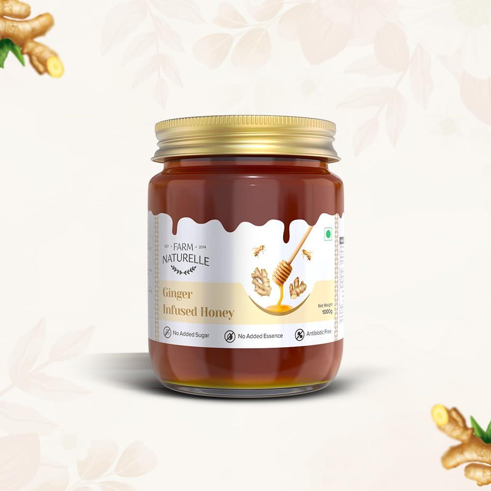Farm Naturelle Farm Naturelle Healthy Ginger Infused Honey 300gm |100% Pure Honey| Raw & Unfiltered|Unprocessed|Lab Tested Honey In Glass Jar with Engraved Virgin Wooden Spoon