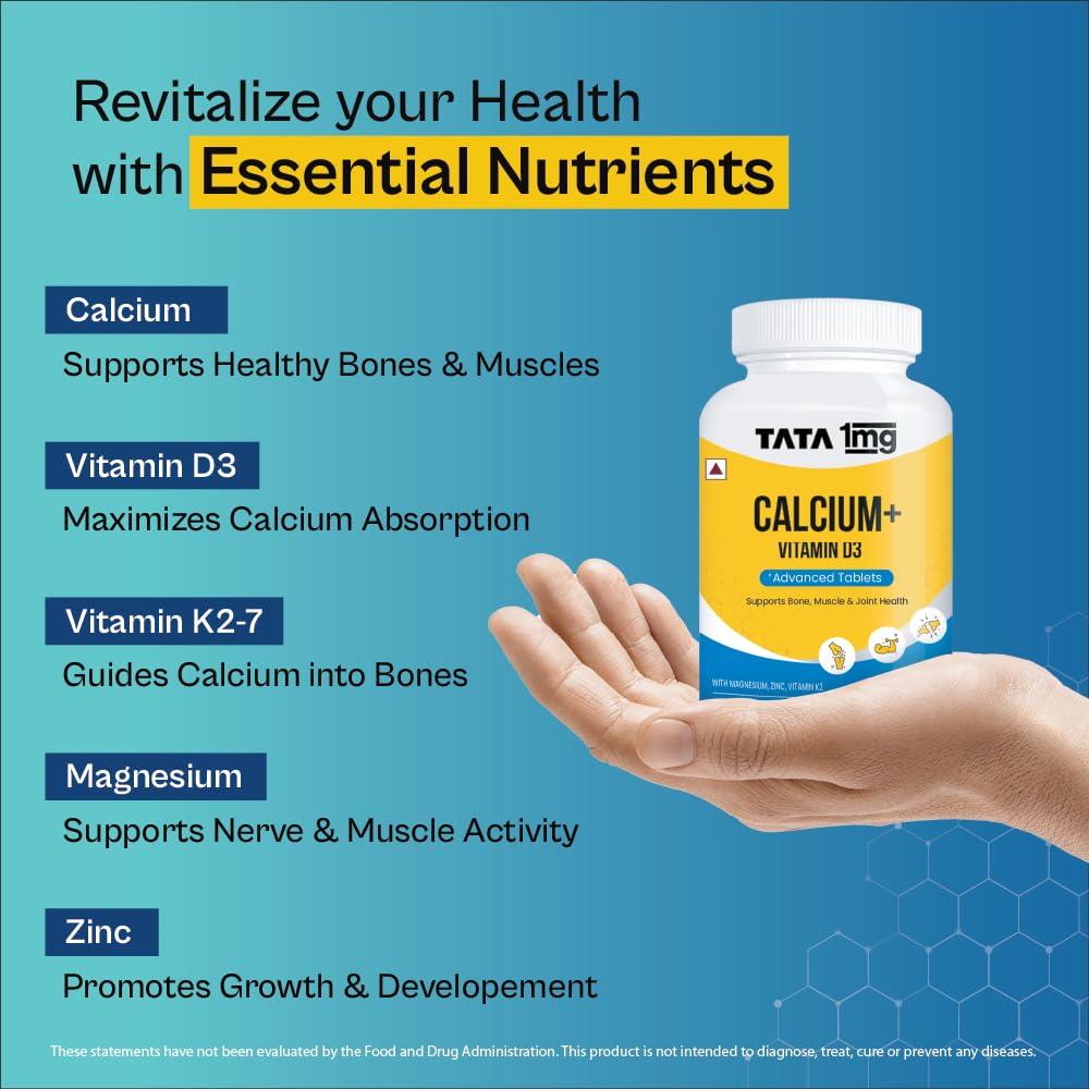 TATA 1MG TATA 1mg Calcium & Vitamin D3 supplement with Zinc, Magnesium & Alfalfa | High absorption Calcium Citrate Maleate form | 500mg Calcium & 400iu Vitamin D3 | For strong bones & joints | 60 tablets