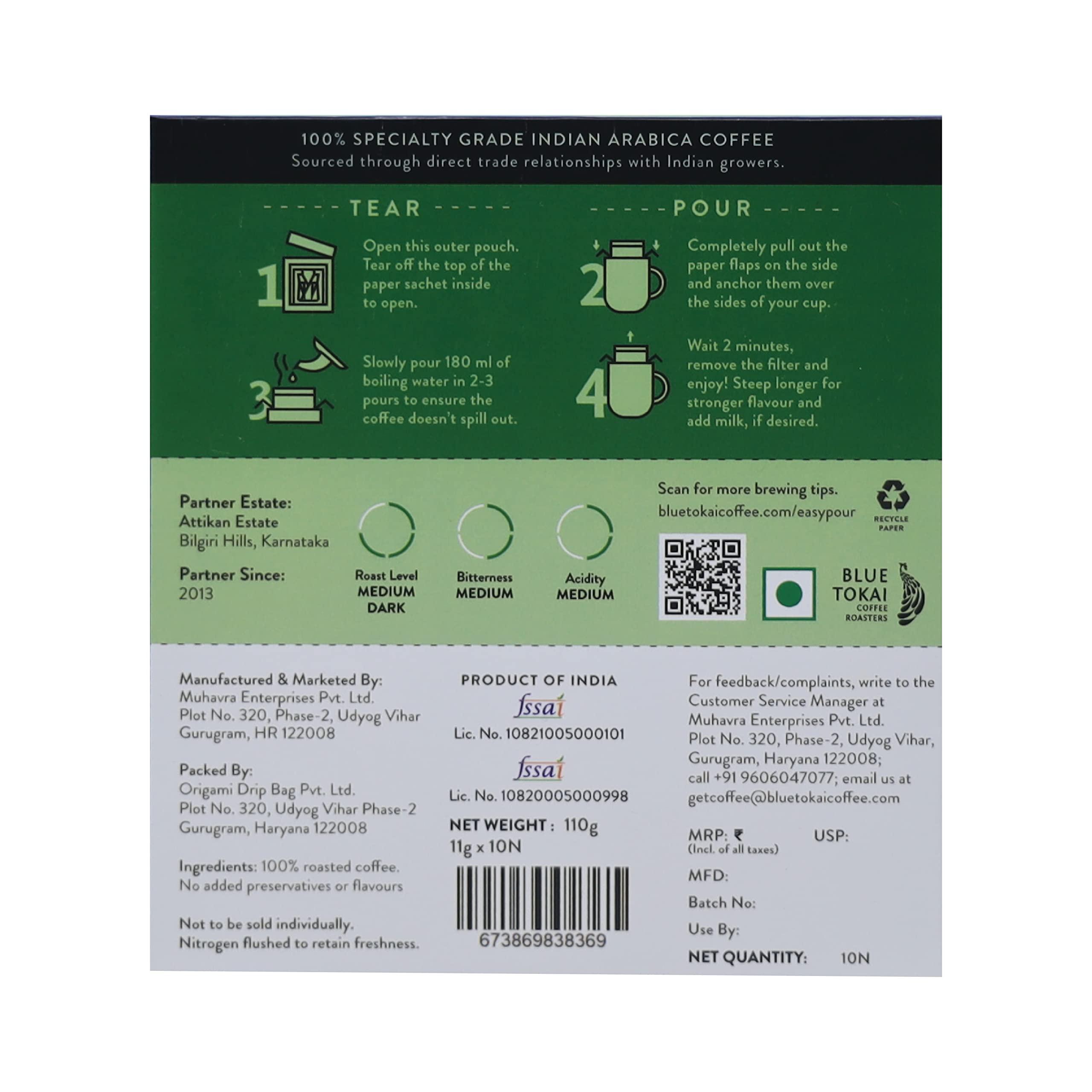 Blue Tokai Coffee Roasters Blue Tokai Coffee Roasters Easy Pour Over Coffee Drip Bags|Attikan Estate|Nutty & Chocolatey | Medium-Dark Roast|Pack of 10 |100% Arabica Specialty Coffee | Ready to Brew in 2min | Just Pour Hot Water