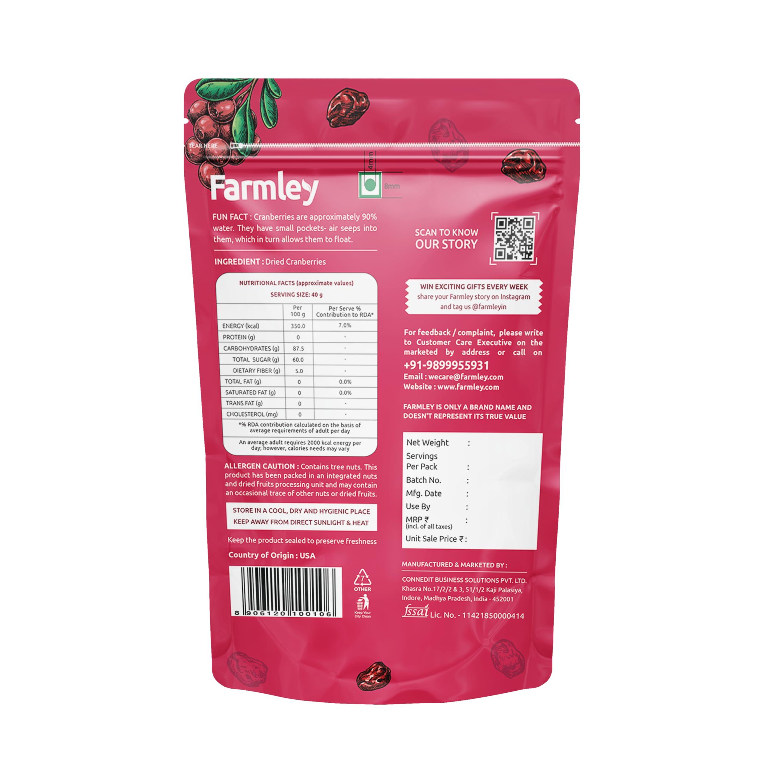 Farmley Farmley Canadian Dried Cranberry I 200 gram I Dry Fruit, Berries, High Nutrient and Antioxidant No Added Preservatives (Pack Of 5, Pouch)