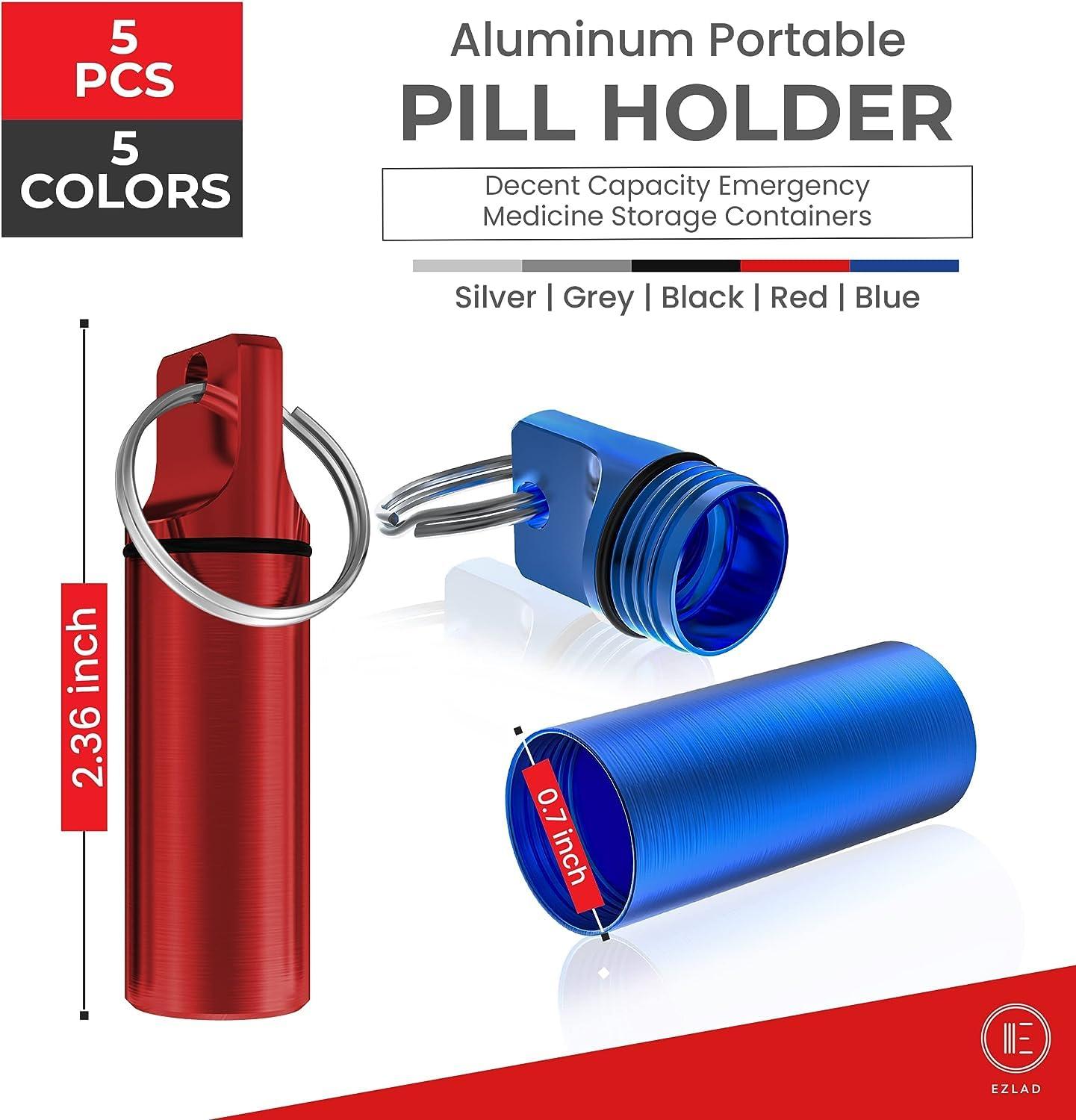 TOPPROSPER Keychain Pill Holder (5 Pack), Aluminum Waterproof Portable Small Travel Medicine Bottle Case Box Container for Purse, Mini Metal Capsule/Tablet Keeper Pocket Organizer for Men & Women