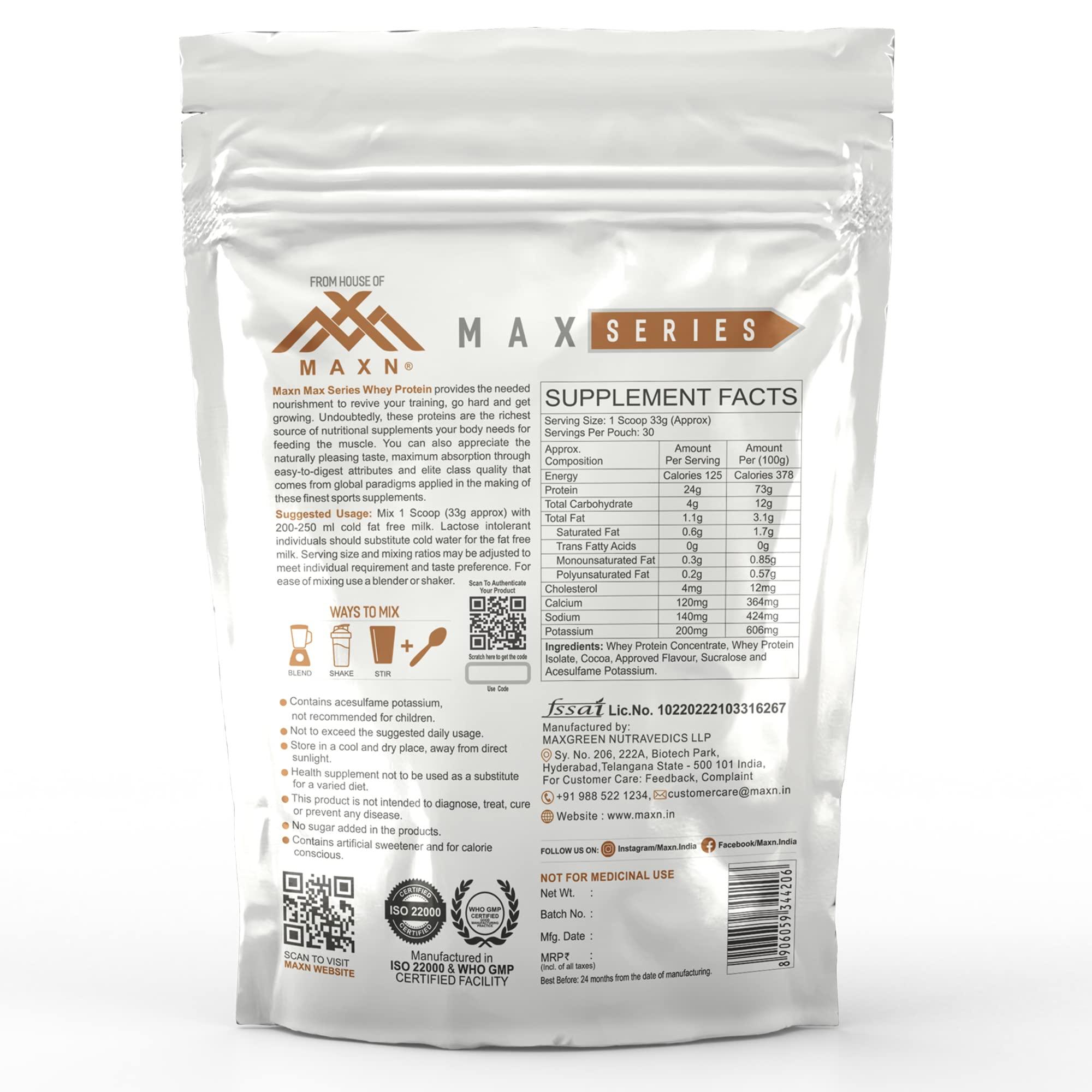 MAX N MAX N WHEY PROTEIN 100% WHEY PROTEIN CONCENTRATE (CHOCOLATE FLAVOUR 1KG) /3O SERVINGS PER POUCH /24GMS PROTEIN PER SERVING/for Muscle Support & Recovery /Whey Protein Supplement Powder for Athletes