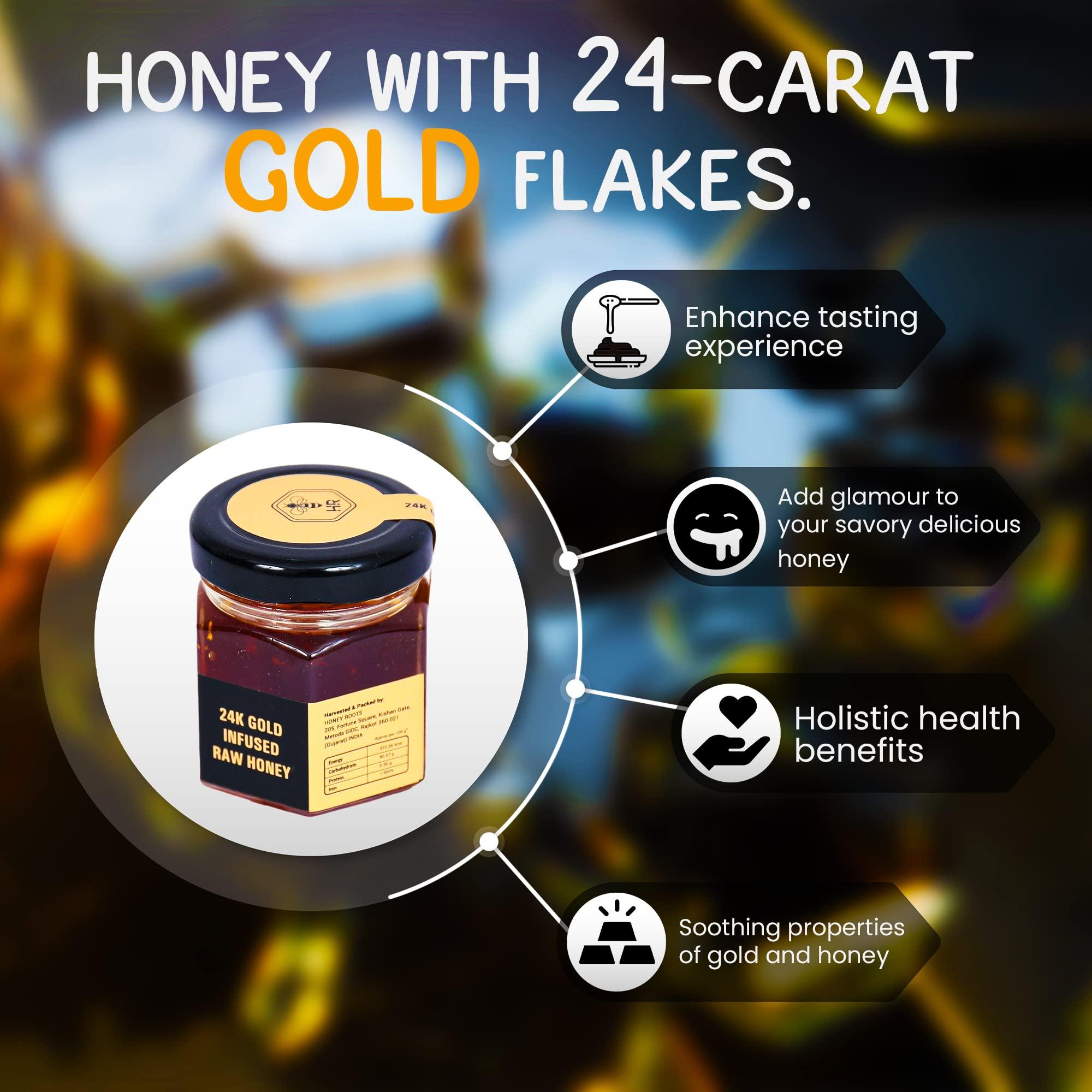 HRHONEYROOTS HR HONEY ROOTS Natural Raw Unprocessed Honey Infused with 24k Gold Flakes - 45gm of Pure Bliss and Exquisite Taste