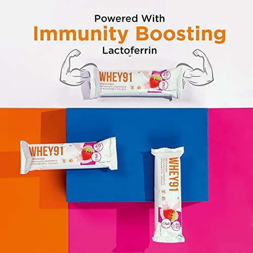 WHEY91 Whey91 Protein Bar | 20g Protein & 3g Fiber per Bar | Whey Protein |Immunity Booster Lactoferrin | No Artificial Flavours | Pack of 6 Bars- 360g (Strawberry Splash)