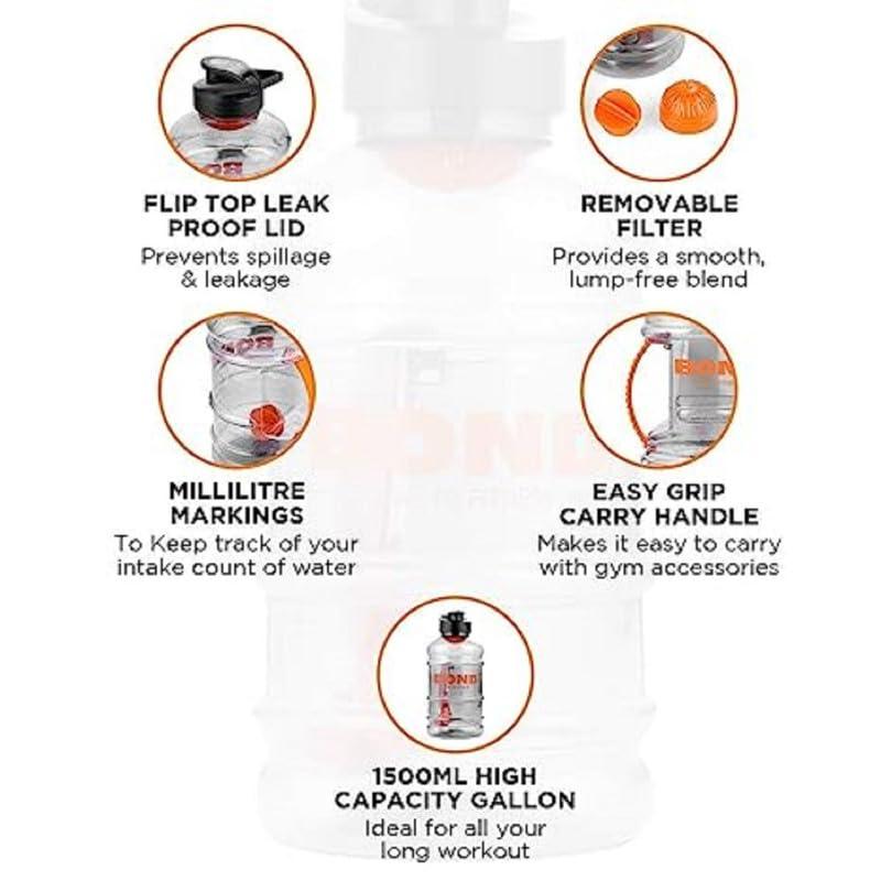 Zyro Zyro Gym gallon water bottle- Shaker for Protein Shake|Sports gym water bottle For/BCAA/Protein Shaker Bottle, with Blender Ball, Orange, BPA-Free Plastic, 1500 ML