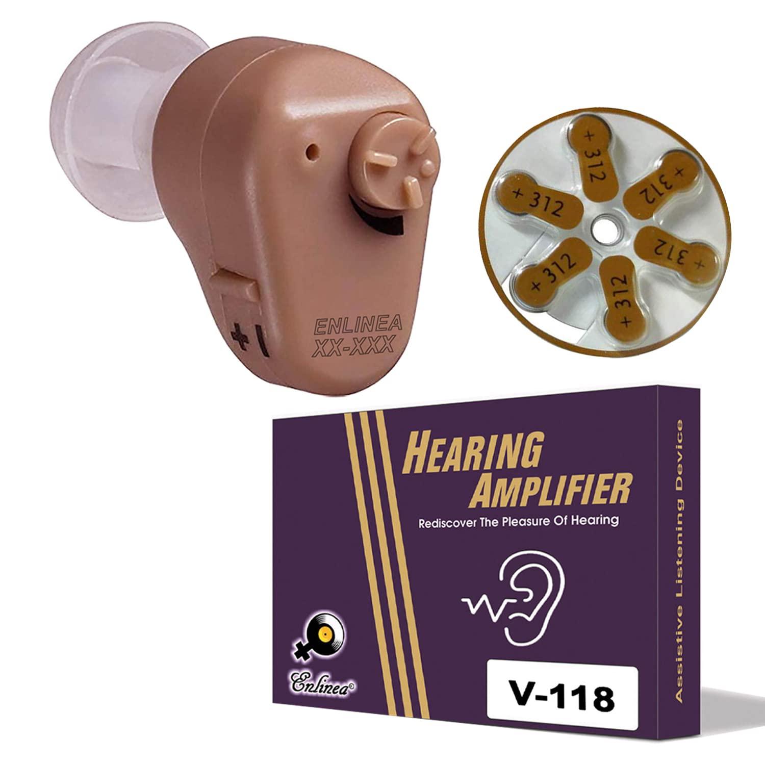 Enlinea Enlinea V-118 Hearing Aid Instant fit ITC Personal Sound Amplifier Listening Device for Seniors with Mild Hearing Loss with 6 German Made Batteries (3 Month Seller Warranty).