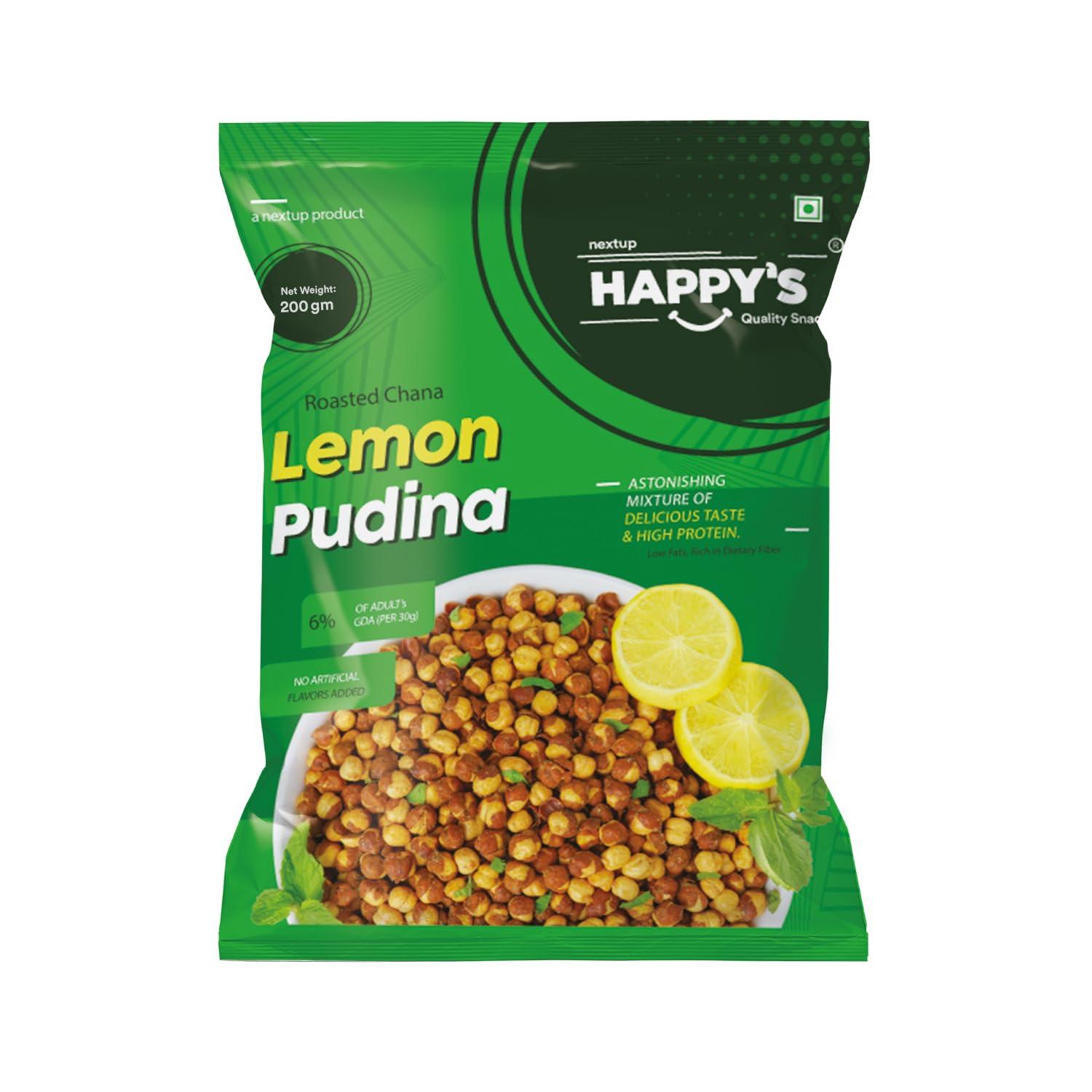 NEXT UP HAPPYS Happy\'s Roasted Chana, 200 gm | Pack of 2 | Lemon Pudina Flavor | Low Fat | Rich in Protein | Roasted to Perfection | No Artificial Flavors | Nutrient-Rich Snacking