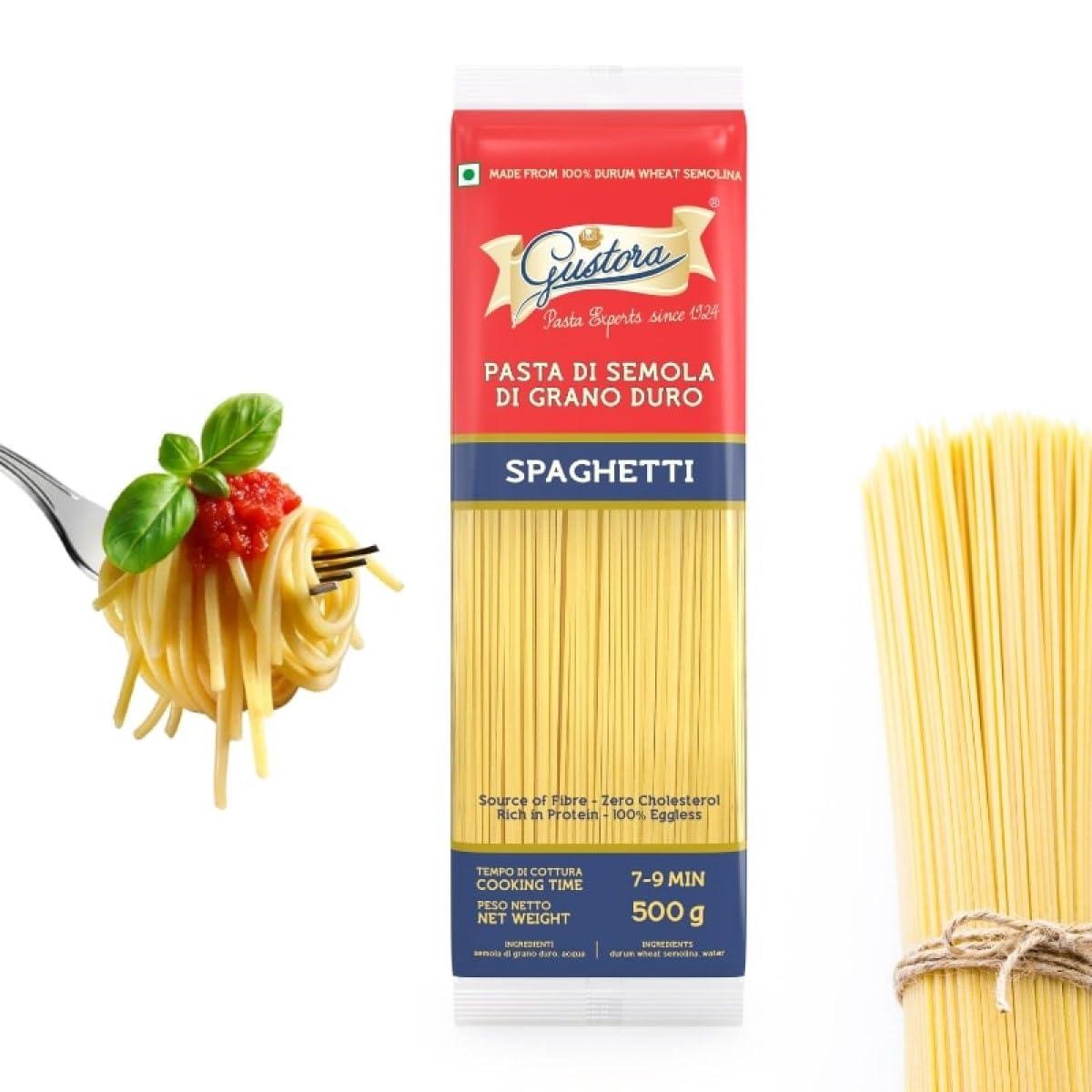 Gustora GUSTORA Spaghetti Pasta, 500 Grams (Pack of 2) I Pasta Combo Made of Durum Wheat Semolina I Rich in Protein & Fibre I Vegetarian I Zero Cholesterol I No Trans-Fat I Cooking Time 10 Min - 500G