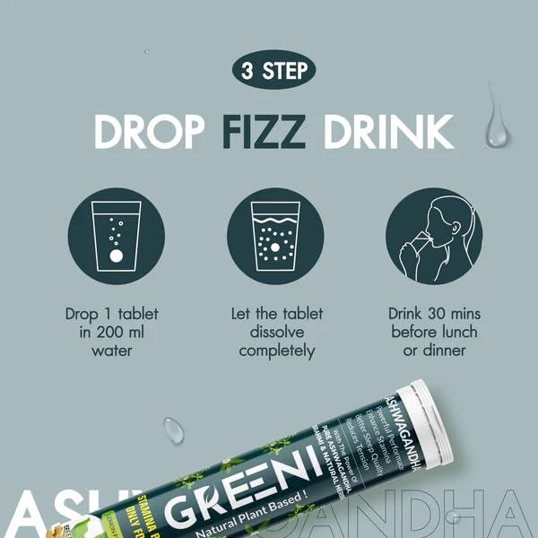 Greeni Greeni Ashwagandha Effervescent Tablets with Brahmi and Natural Herbs (Pack of 4, 60 Tablets)