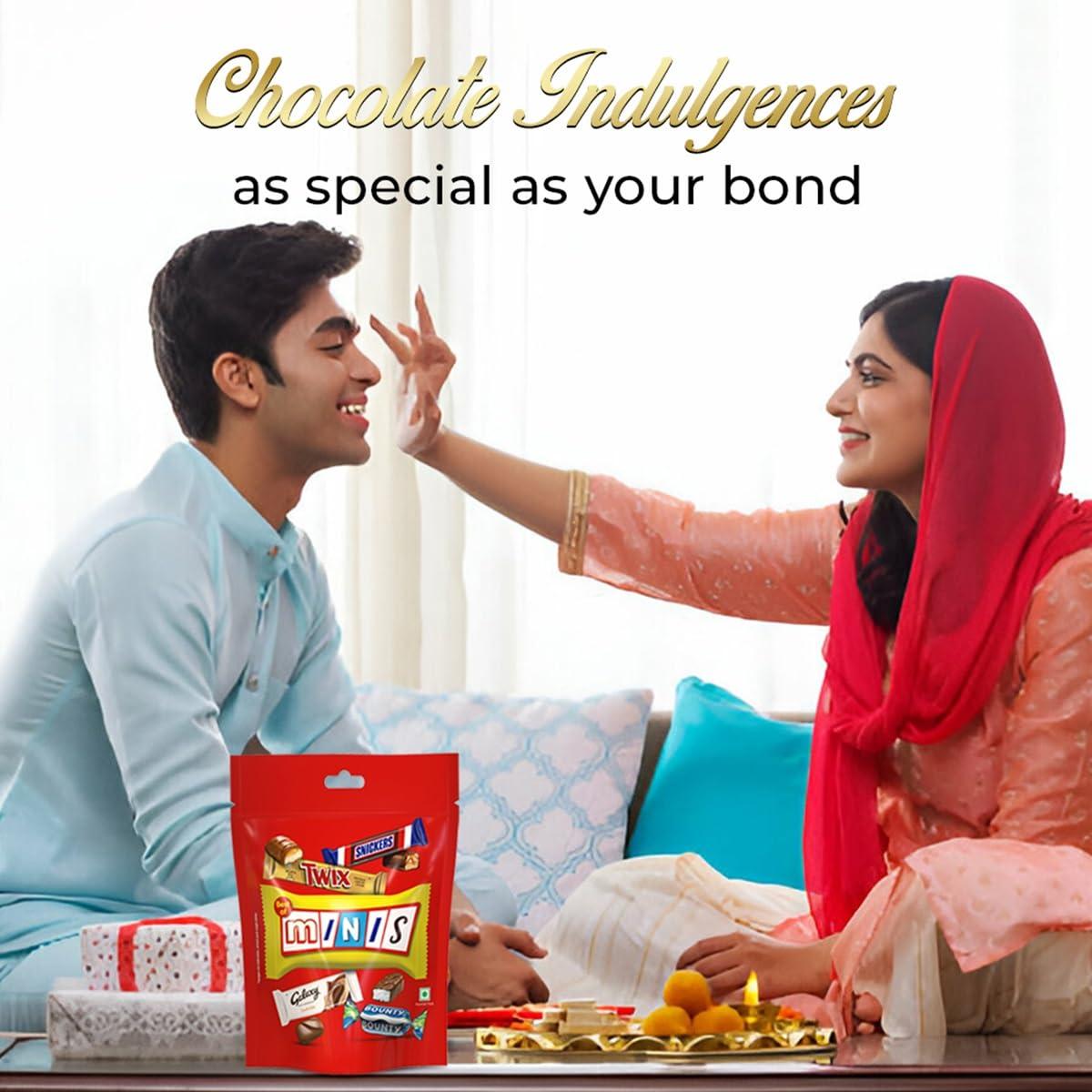 Mars Snickers Best of Minis Assorted Chocolates, Rakhi Gift Pack, Snickers Minis, Twix Minis, Galaxy Smooth Milk Minis, Bounty Minis, 128g, Pack of 3