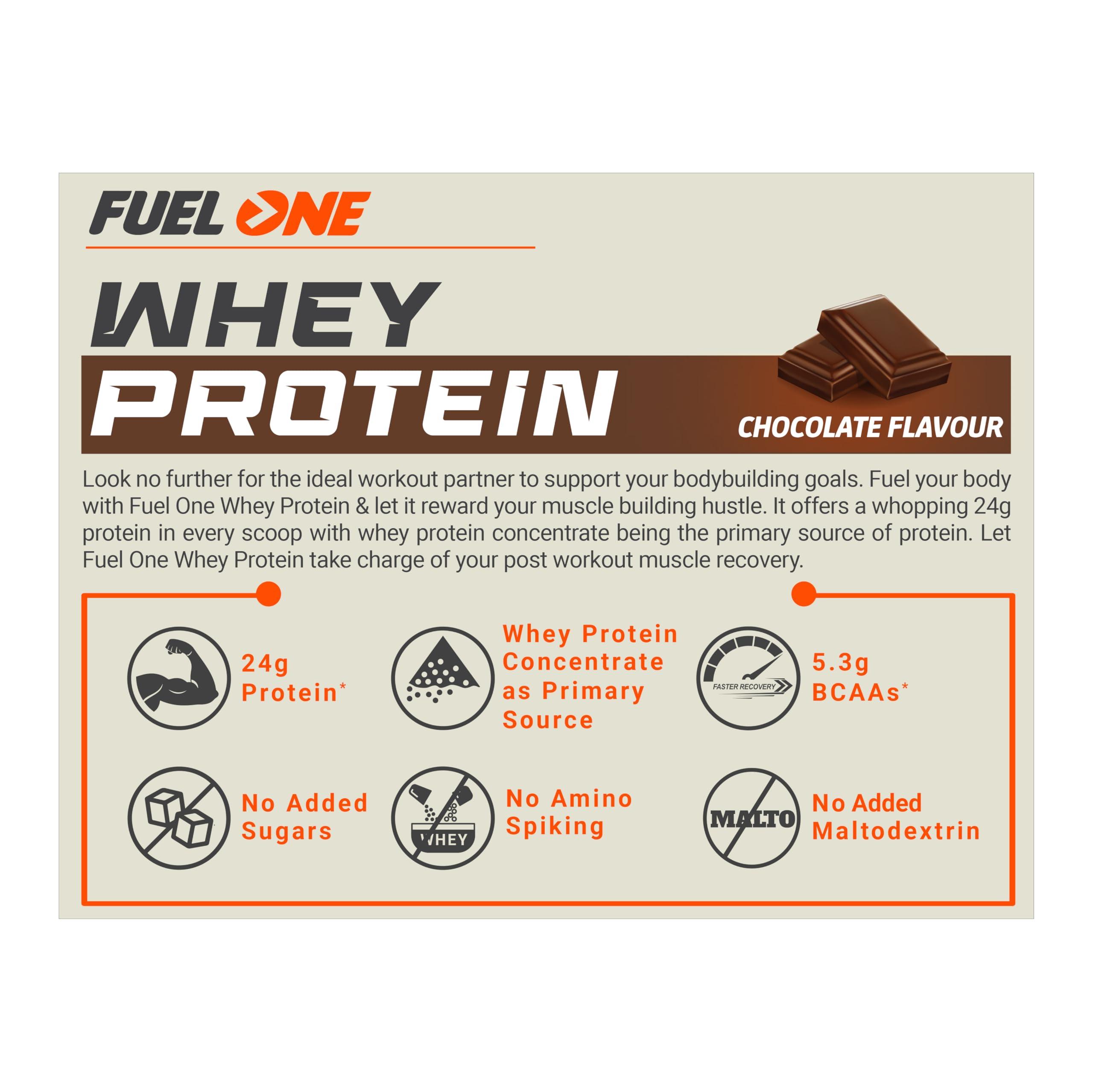 MuscleBlaze FUELONE Whey Protein (Chocolate, 1kg / 2.2lbs) with Shaker, 650ml | Combo Pack | 24g Protein | 5.29g BCAA, 4.2g Glutamic Acid
