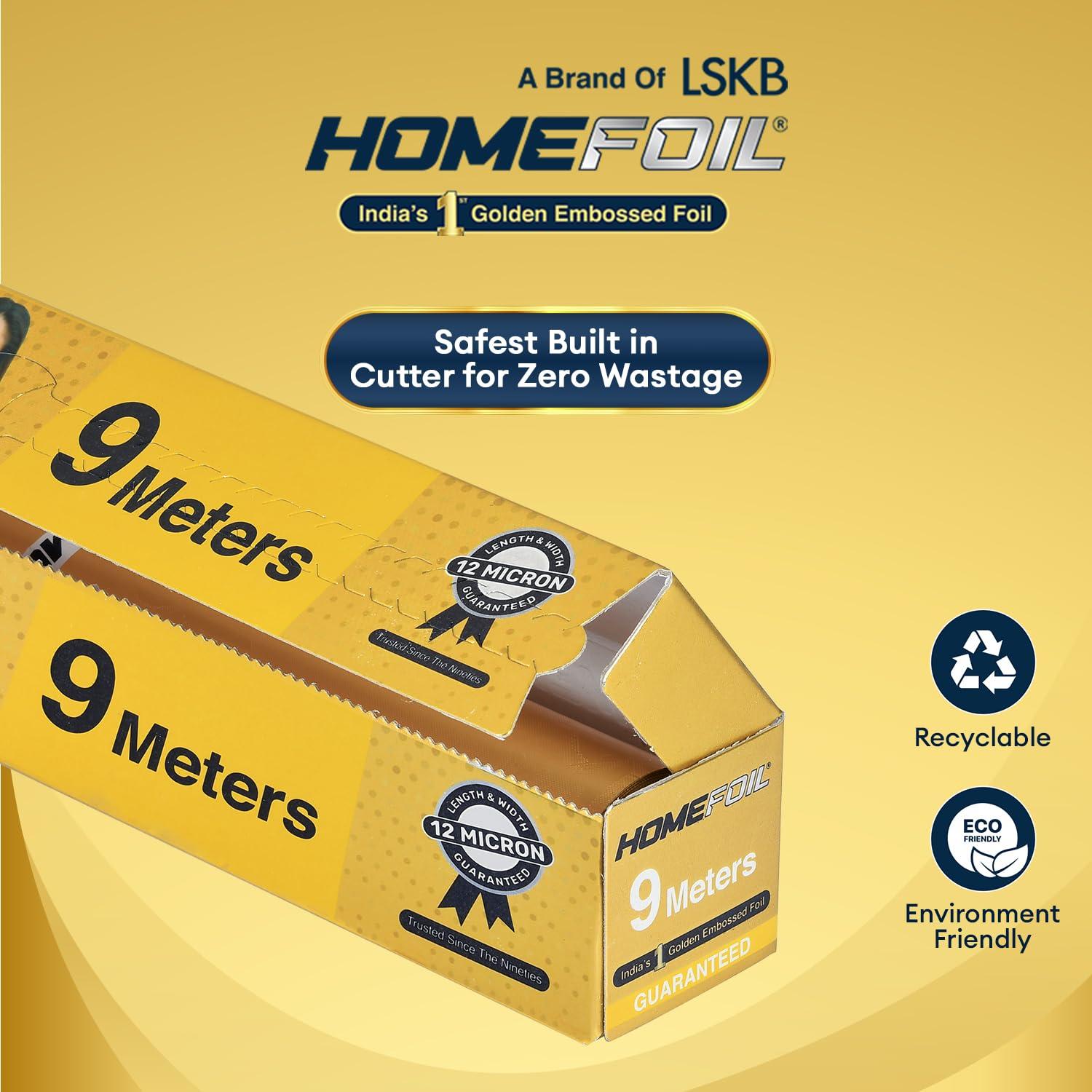 Homefoil HOMEFOIL 9 Meter Golden Embossed Aluminium Foil | 12 Micron Thickness | Premium Quality | Keeps Food Fresh Always | Perfect for Food Wrapping, Packing, Storing and Serving (Pack of 1)
