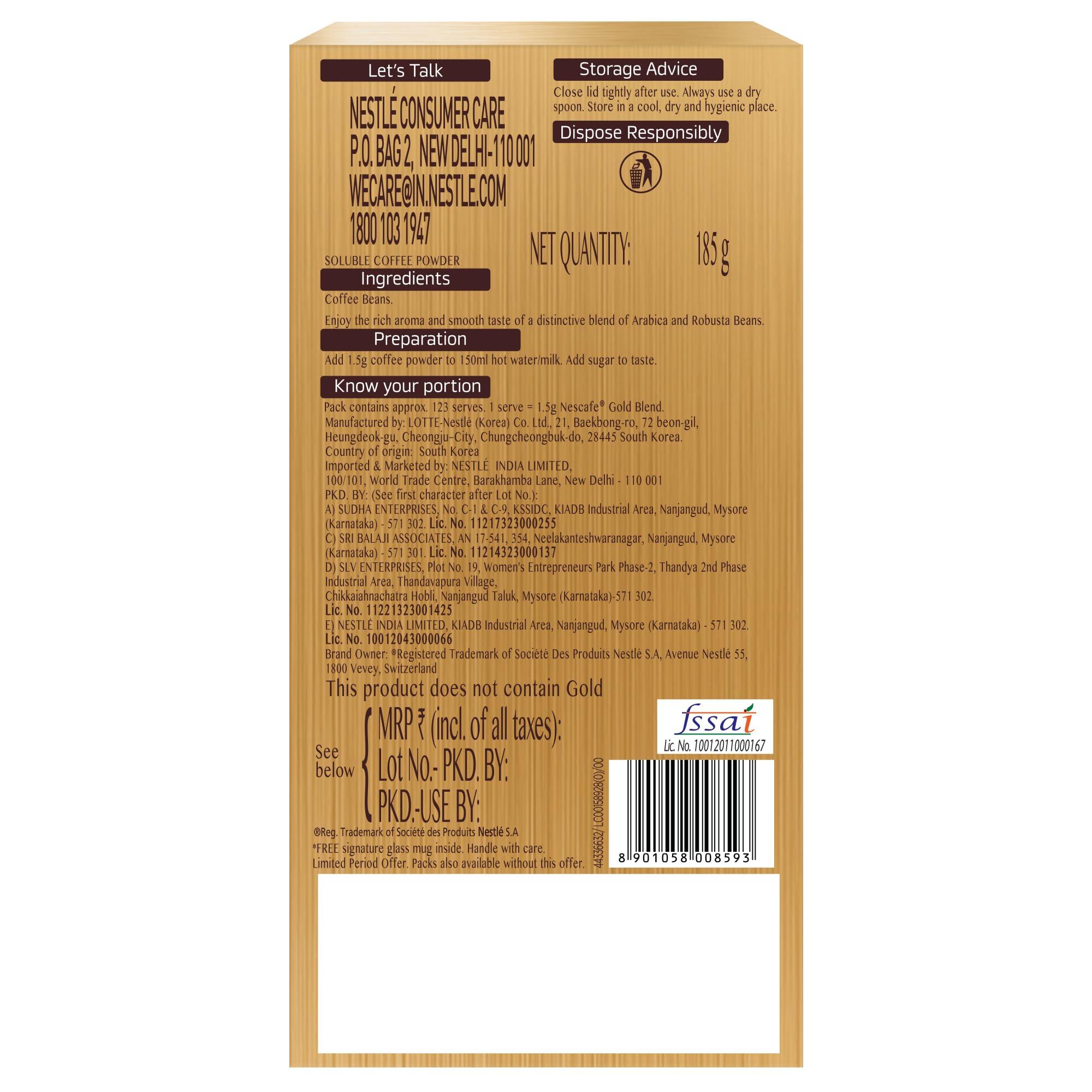 Nescafe NESCAFE Gold Instant Coffee Powder | Coffee at its best | Freeze Dried | Premium Imported Coffee | Rich & Smooth Taste | Free Signature Glass Coffee Mug | 185g Jar