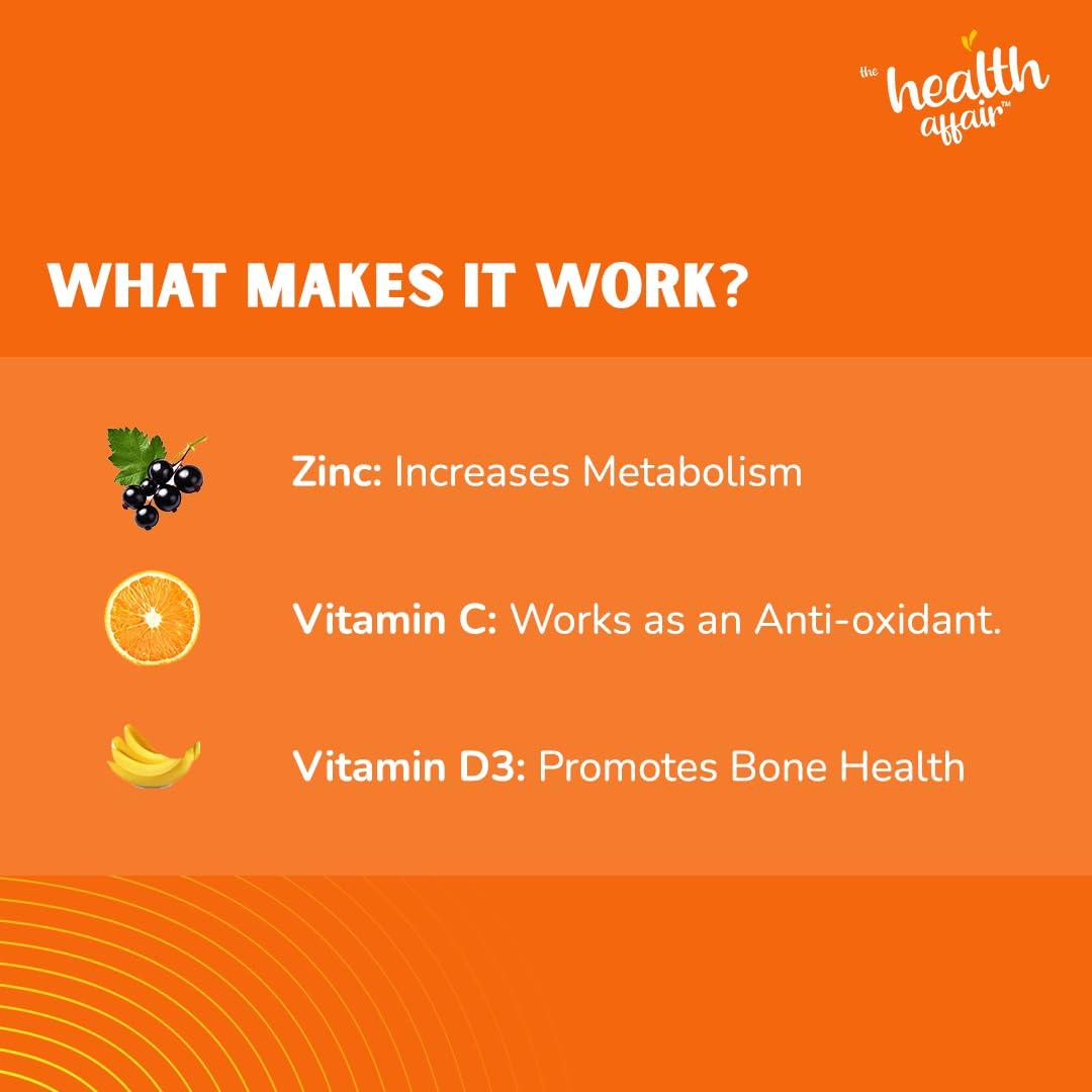 The Health Affair The Health Affair Vitamin C, D3, and Zinc Gummies | Orange flavoured Organic Vegan (30N) | Gluten-Free for Immune System Support, Bone Health and Antioxidant Defense