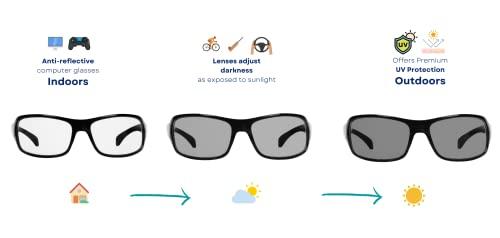 Vast Vast Photochromic Blue Cut Computer Glasses for Eye Protection | Zero Power Anti Glare & Blue Light Filter Glasses | UV Protect Specs for Men & Women| Frames| Blue Cut Lens (WRAP AROUND STYLE)