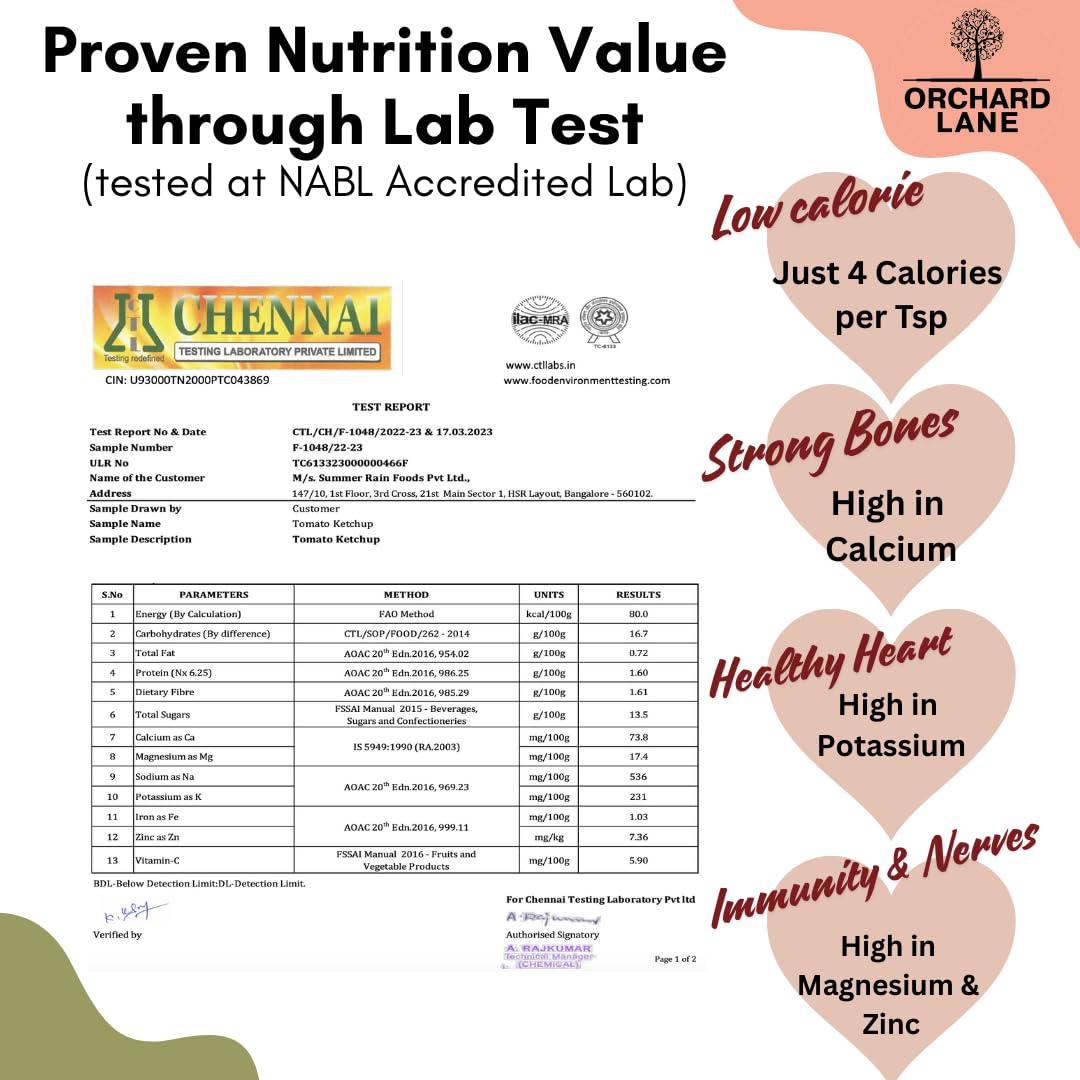 Orchard Lane Orchard Lane Organic Tomato Ketchup - Certified Organic | No Preservatives or Chemicals, Low-Sugar- 230 gm | Low Calorie | Non Fattenning | For kids Adults Breakfast Snacks Meals