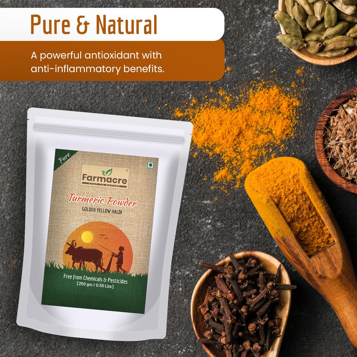 Farmacre With Logo Farmacre Selam Haldi Powder/Turmeric Powder/Natural Haldi Powder - 250 gms Pack | Product Of Cow Based Natural Farming (CBNF) | Product Of Chemicals Free & Pesticides Free (250 gm)