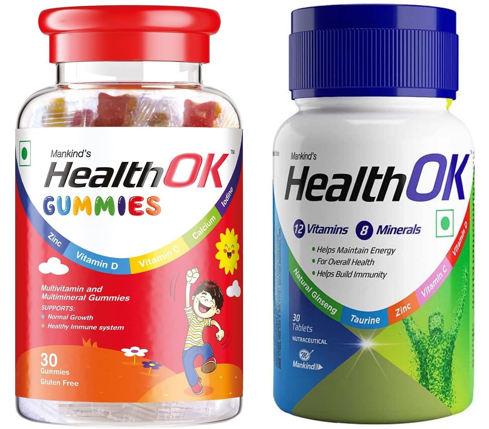 Health Ok Mankind Health OK Gummies, Multivitamin and Multimineral for Kids,Bottle of 30 Gummies and Health Ok With Multivitamin, Multimineral and Amino Acids, 30 Tablets