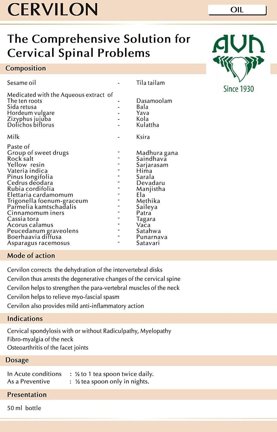 AVN AVN Cervilon Oil - A Proprietary Ayurvedic Oil for Cervical Spondylosis, Numbness of Hand and Giddiness (30 ml)