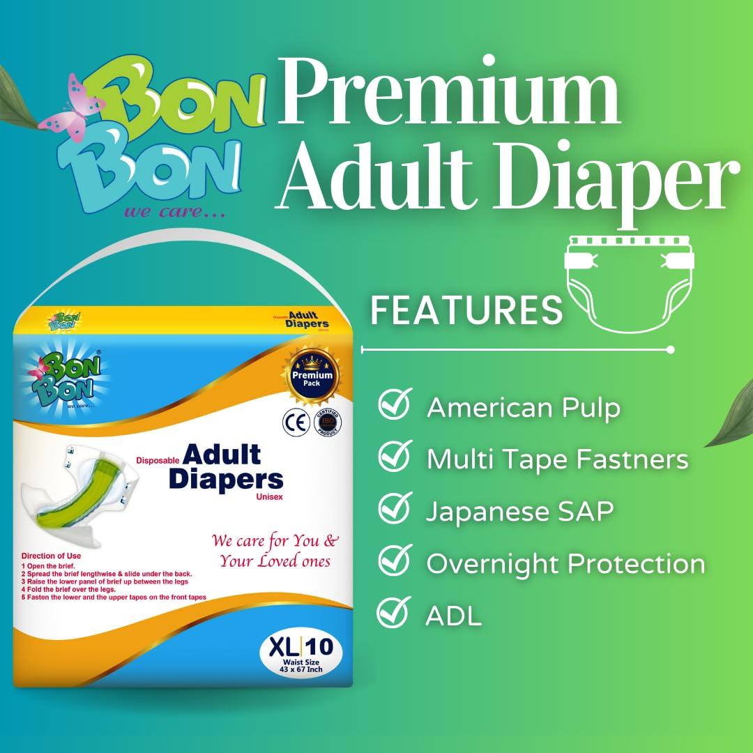 BON BON BonBon Premium Adult Diaper Tape Style Large - 10 Count with Soft Ultra Leak Guard and Anti-Bacterial Absorbent Core (L- 39-59 INCH)