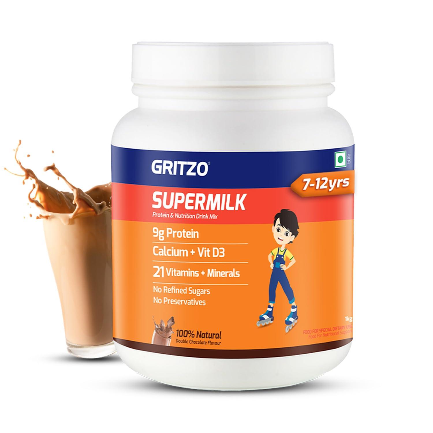 Gritzo Gritzo SuperMilk Daily Nutrition (7-12y Young Athlete), 9g Protein (Double Chocolate, 1kg) | Zero Refined Sugar, 21 Vitamins & Minerals
