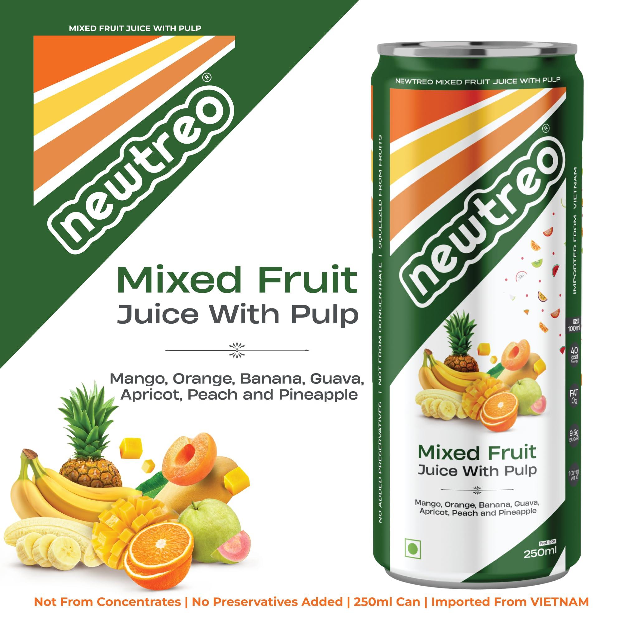 Newtreo Newtreo Mixed Fruit Juice With Pulp | Imported from Vietnam | Mango, Orange, Banana, Guava, Apricot, Peach & Pineapple Juice | 12 x 250ml cans | No Concentrates or preservatives added