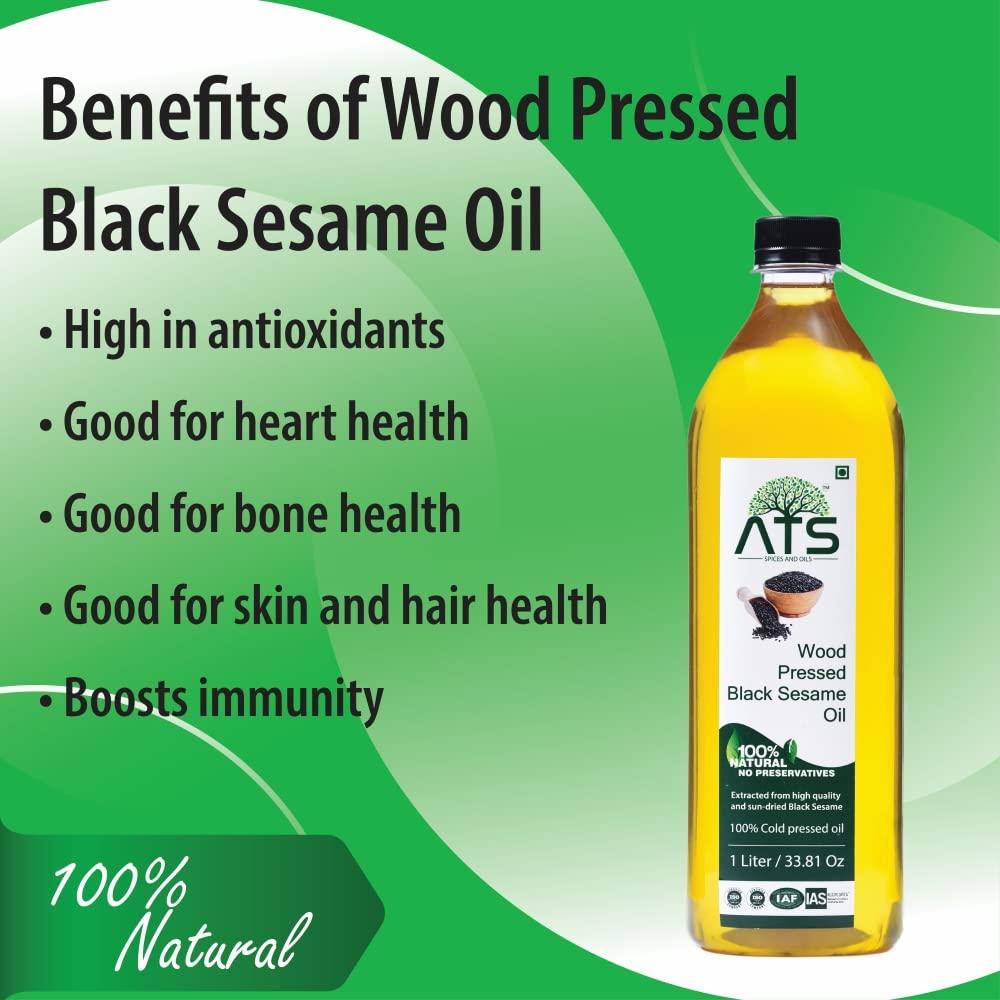 ATS ATS 100% Wood Pressed Black Sesame Oil 1 Litre Pet Bottle, Kacchi Ghani/Mara Chekku, Black Sesame Oil, Kalatil ka tel, Gingelly Oil, Natural, Chemical-Free, Wood Pressed Coconut Oil for Cooking