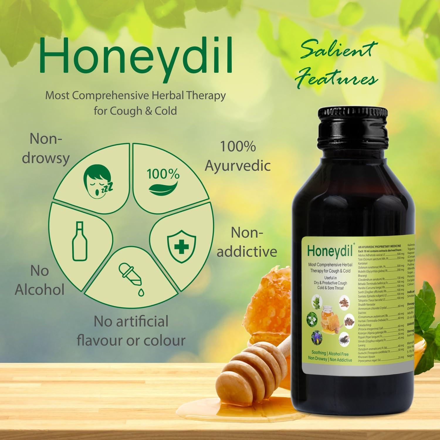 Honeydil Honeydil Cough Syrup 100 ml | With goodness of Adulsa, Tulsi, Kantakari, Haridra, Bharangi & Mulethi |Natural Ingredients| Non-Drowsy (Pack of 1 (100ml))
