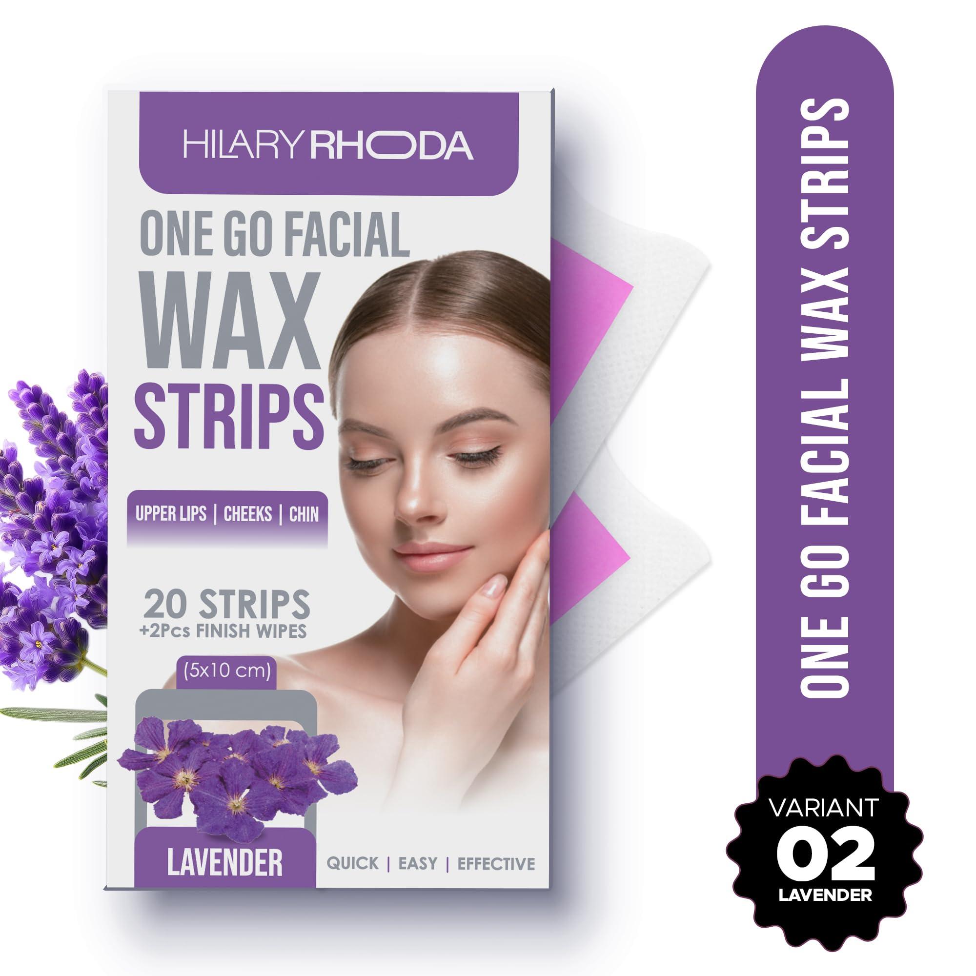 Hilary Rhoda Hilary Rhoda One Go Facial Wax Strips | Ready-To-Use Facial Wax Strips | Face, Cheek, Upper Lip & Chin Facial Wax | Painless Hair Removal | With 2 Finish Wipes | 20 Strips (Lavender)