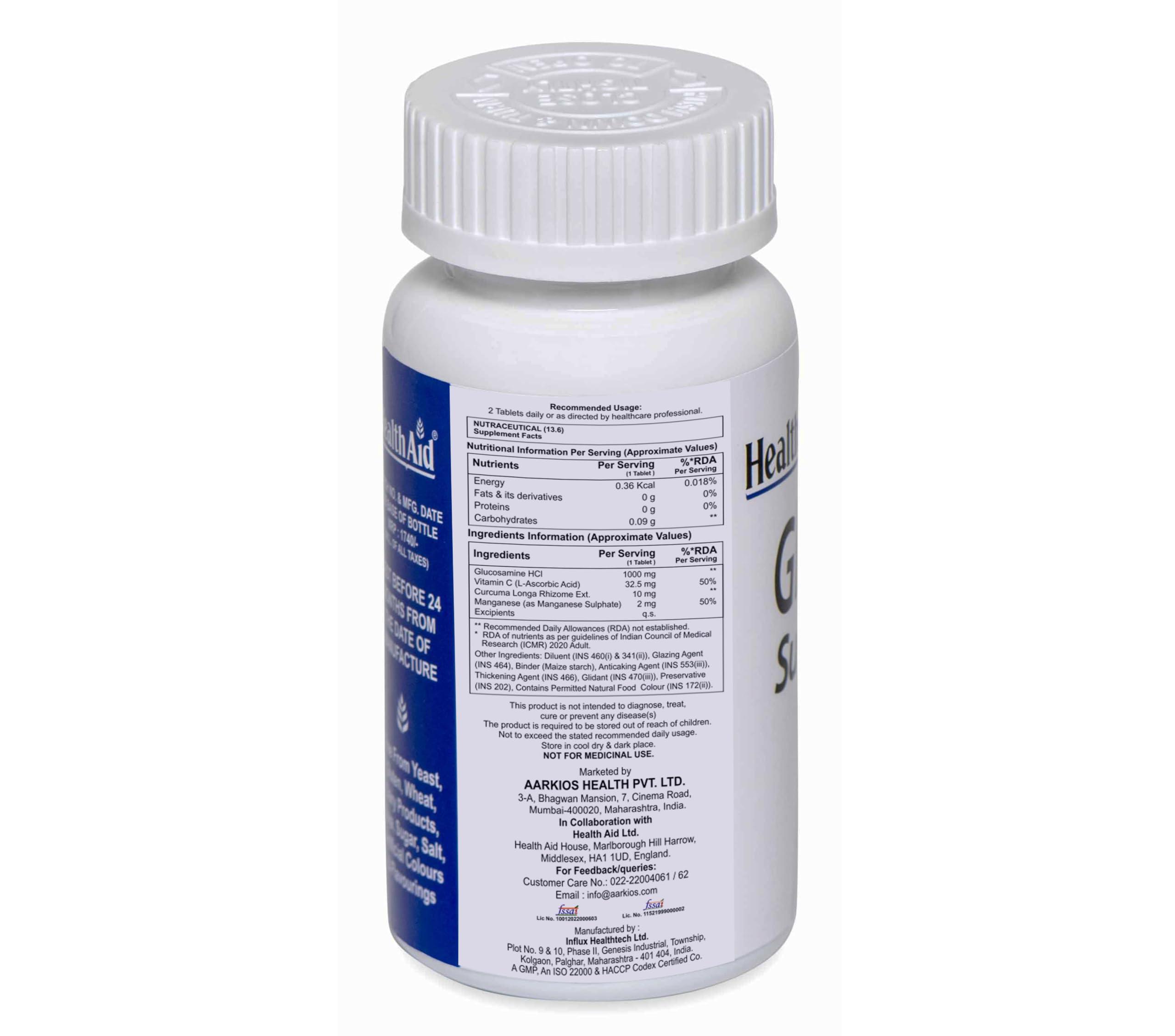 Health Aid HealthAid Glucosamine HCL 1000mg with Vitamin C, Curcuma Extract & Manganese 90 Vegetarian Tablets for Joint Health, Flexibility, Mobility, Cartilage Support, Anti-Inflammatory & Bone Strength