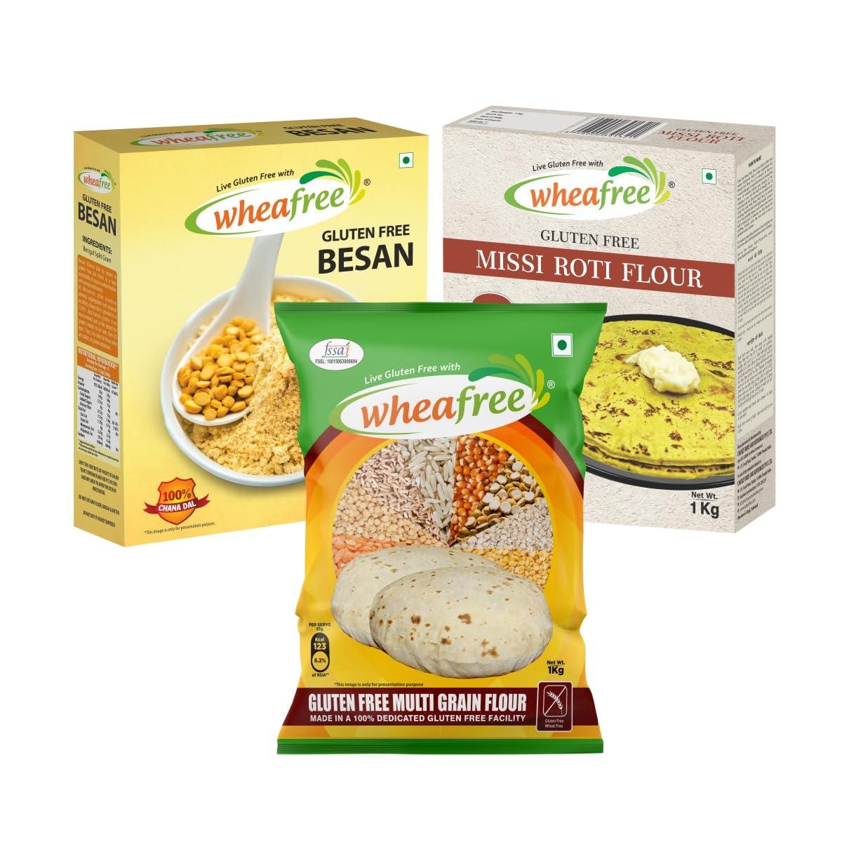 wheafree Wheafree Gluten Free Combo Pack Missi Roti Flour 1 kg + Multigrain Flour 1 kg + Besan 1 kg | High in Protein, Vitamins, Minerals and Micronutrients | 100% Natural and Gluten Free Ingredients