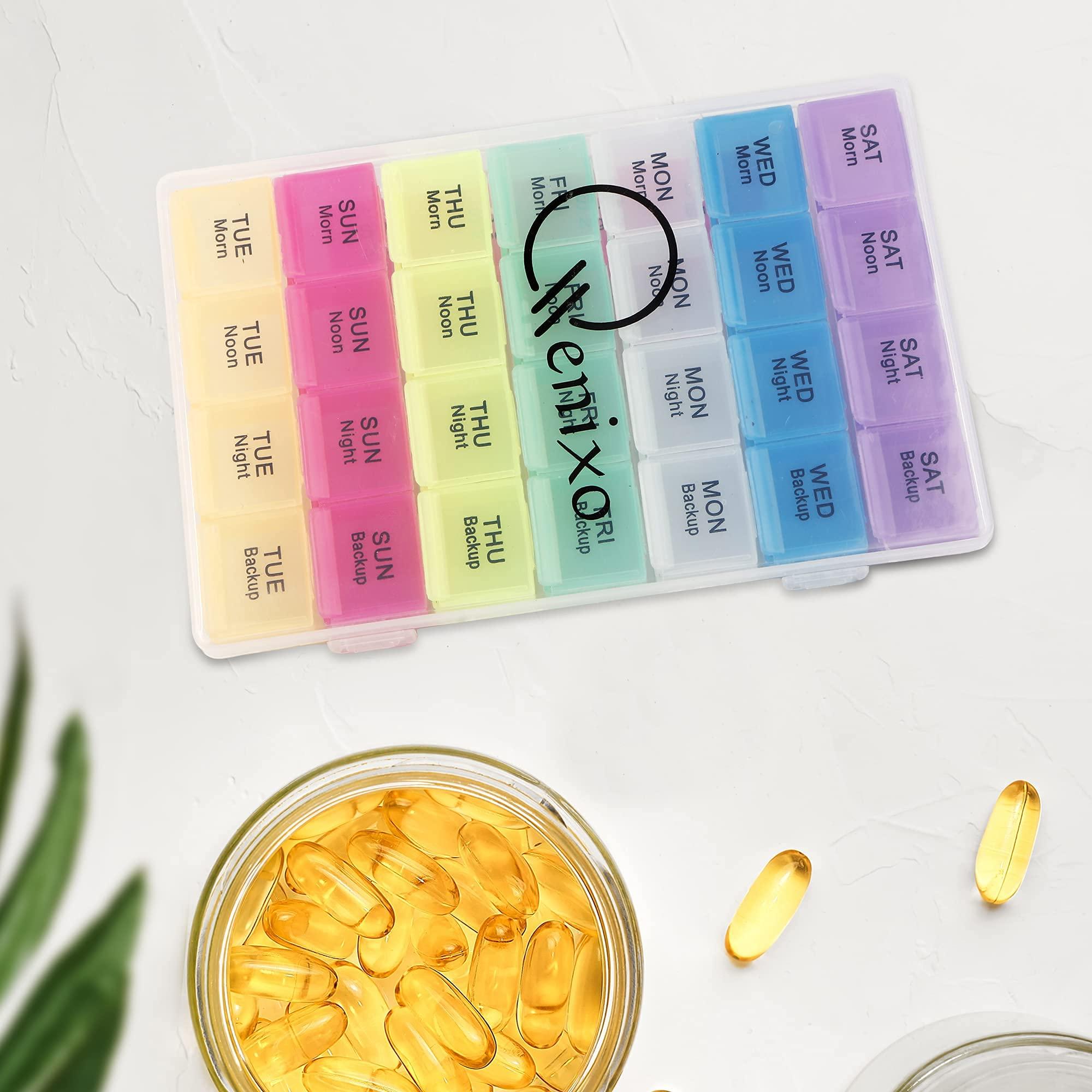 QENIXO Qenixo Weekly Pill Organizer 4 Times A Day, 7-Day, Monthly Medication Organizer 28 Days Dispenser Pill Boxes Large Compartments Moisture-Proof Case Medication Reminder Portable Travel Compartments,Travel Kits,Dust-Proof Box (Multicolor, 4 times) (Whi
