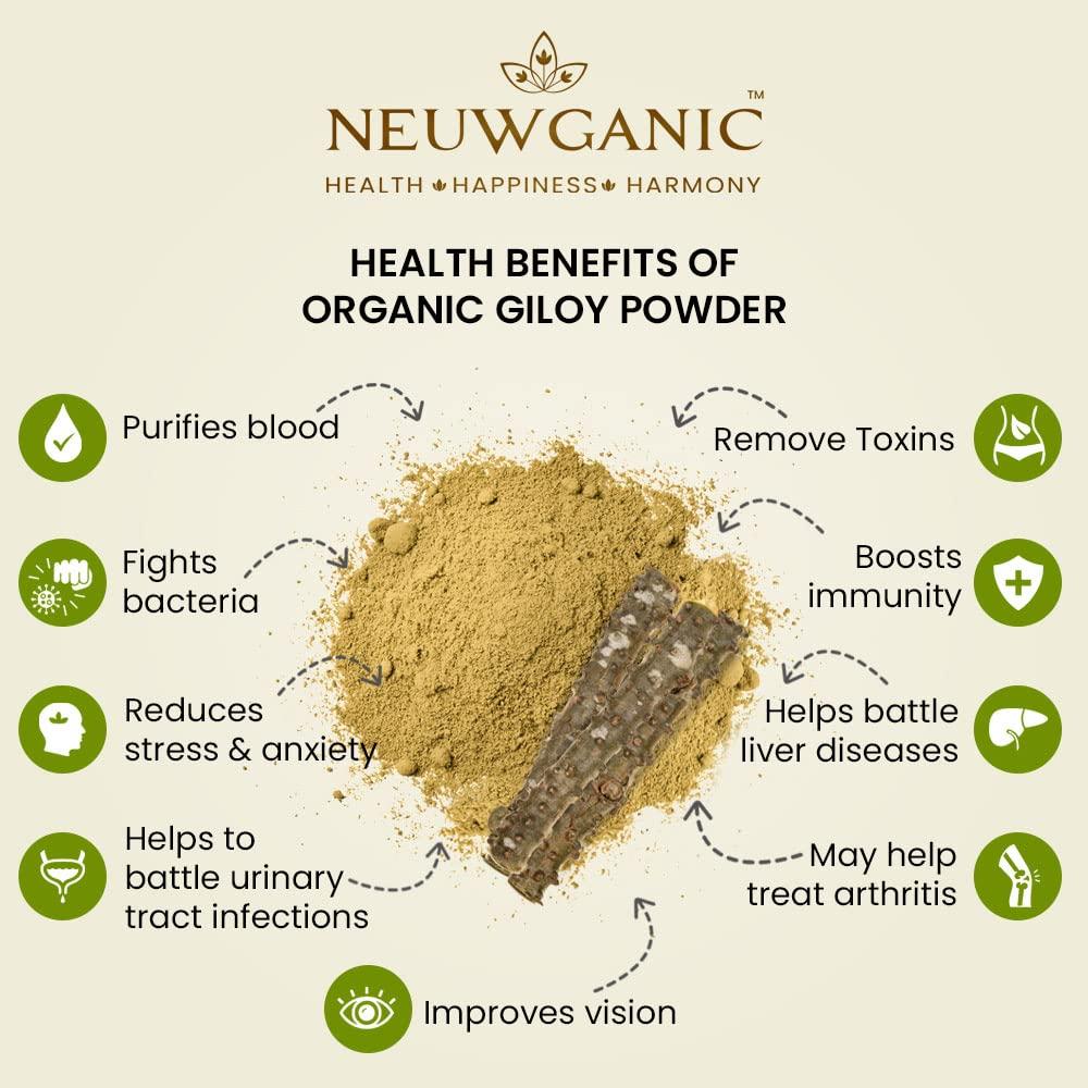 Neuwganic Neuwganic Organic Giloy Powder (Stem) - India Organic and USDA Organic Certified - Reduces Inflammation, Detoxifies Body, Improves Liver Function, Regulates Blood Sugar - 450 Gm