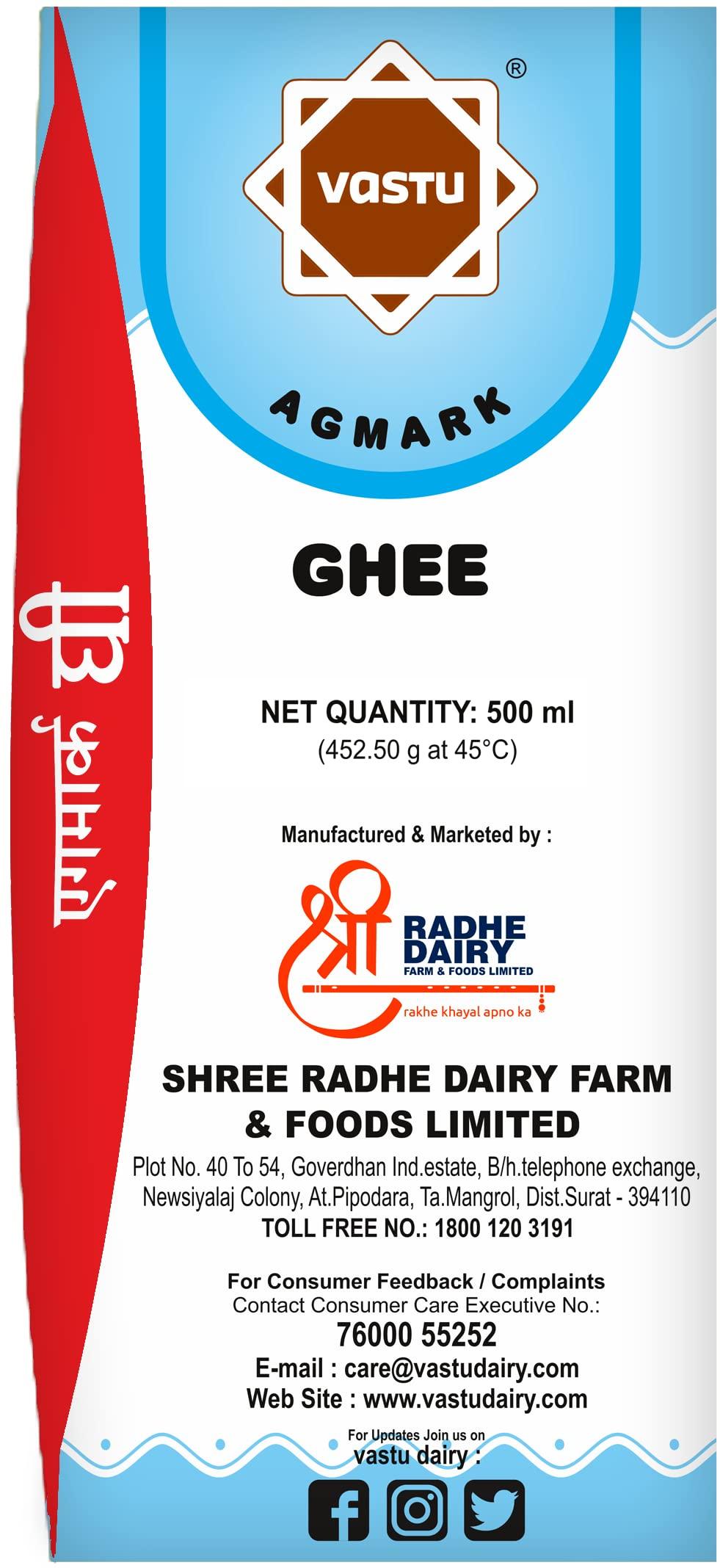 Vastu Ghee Vastu Buffalo Desi Ghee, Pure Ghee, Agmark Special Grade, Immunity Booster 500ML Tetra Pack (Pack of 1)