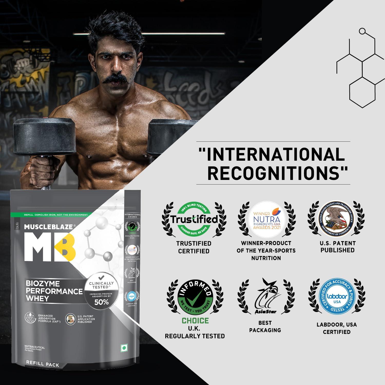 MuscleBlaze MuscleBlaze Biozyme Performance Whey Protein | Clinically Tested 50% Higher Protein Absorption | Informed Choice UK, Labdoor USA Certified & US Patent Filed EAF (Magical Mango, 1 kg Refill Pack)