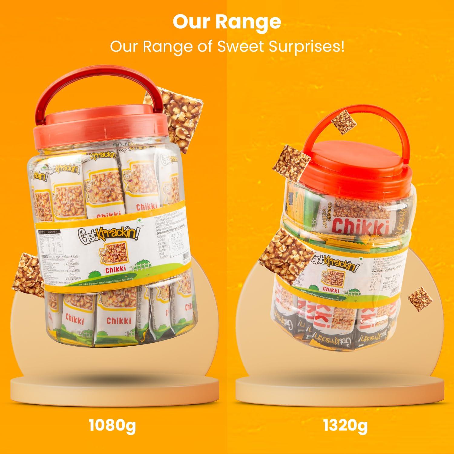 GetKrrackin! GetKrrackin! Peanut Chikki Jar | Pack Of 72 Pcs - 15 Gram Each | No Added Colors Or Preservatives | Crunchy Peanut Bar With Jaggery | Gajak, Gazak | Indian Sweets & Snacks