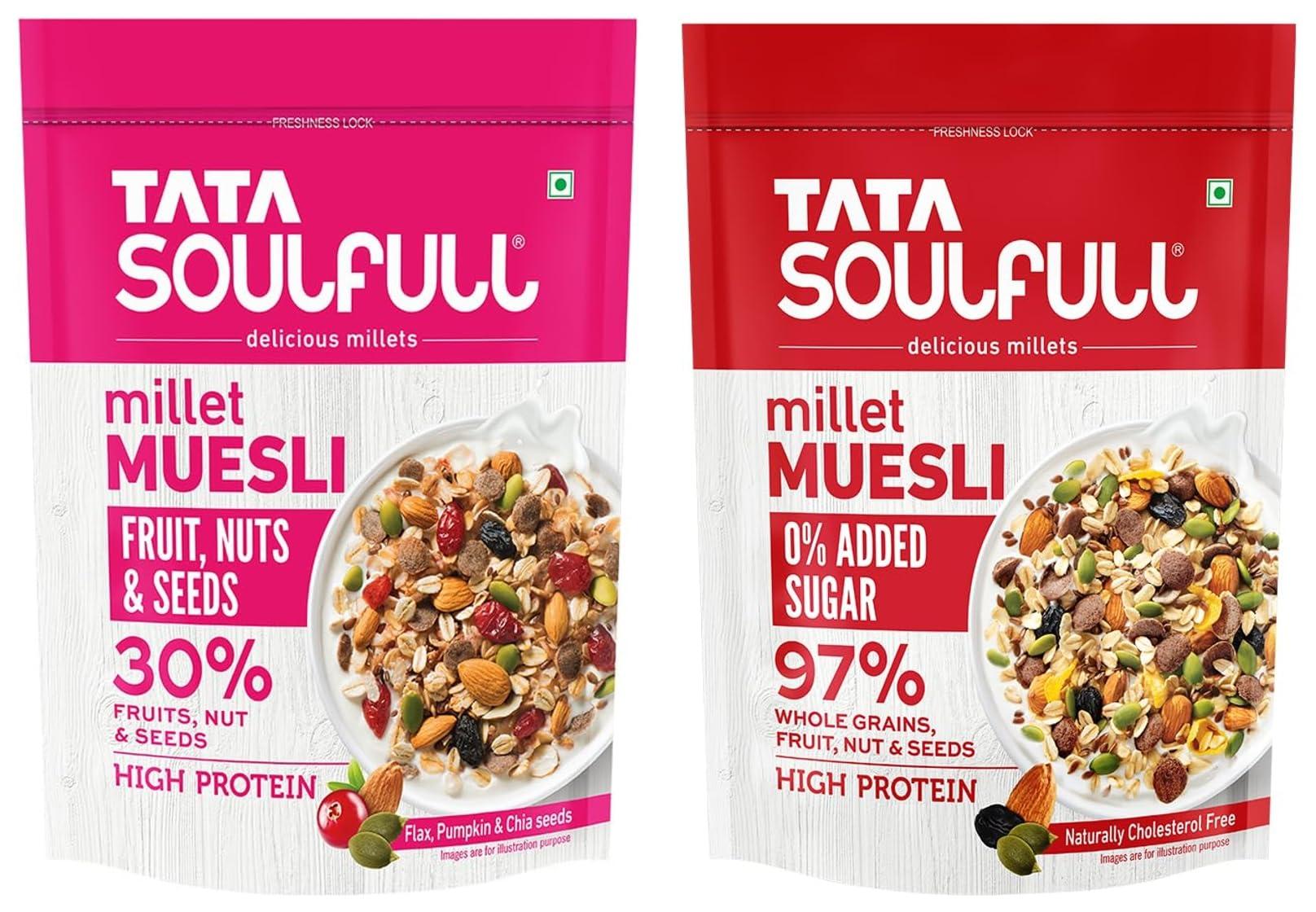 Soulfull Tata SoulfullFruits, Nuts & Seeds Millet Muesli, Contains Flax, Pumpkin & Chia Seeds, 500g & Tata Soulfull 0% Added Sugar Millet Muesli, High Protein, Rich in Fibre, 500g