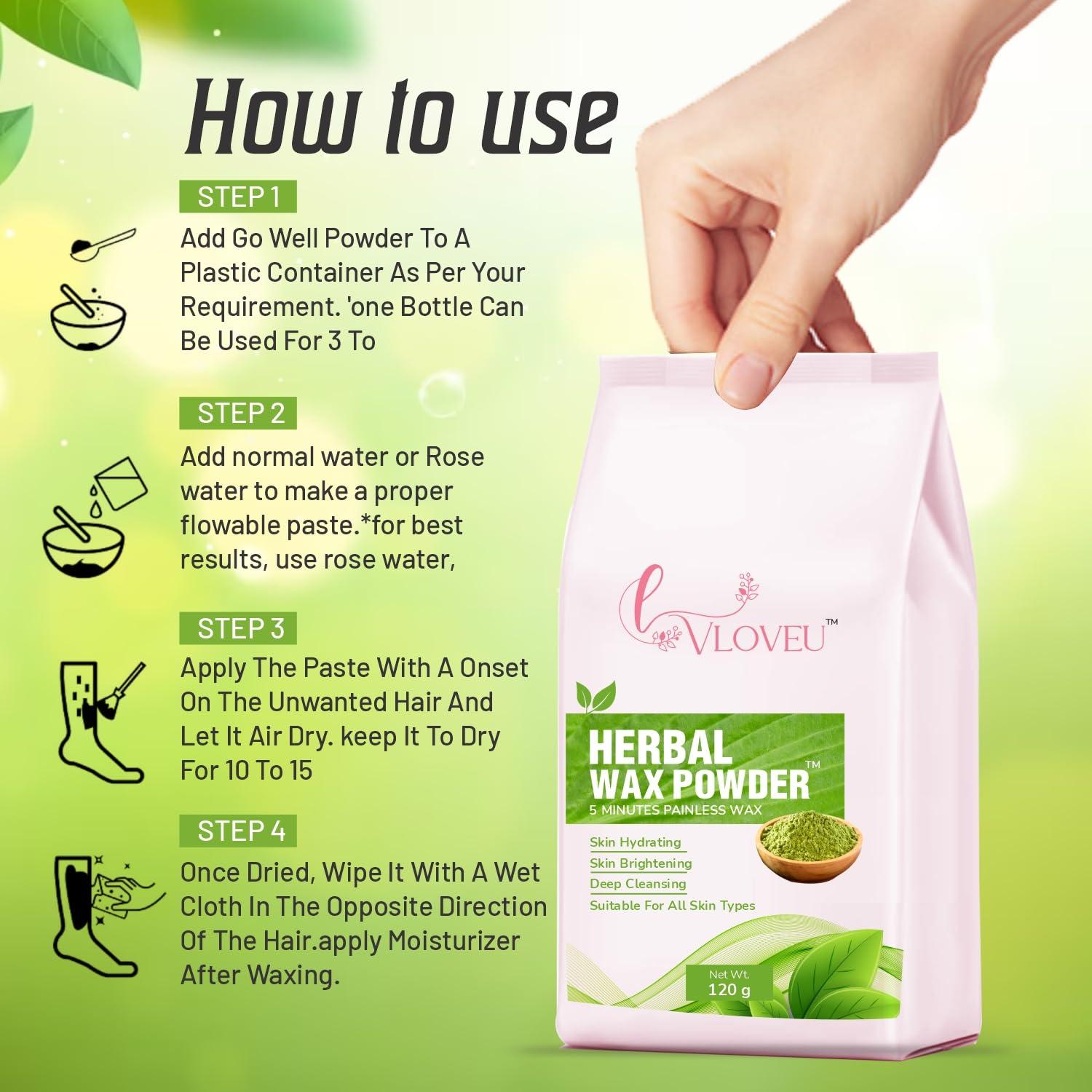 VLOVEU VLOVEU - Herbal Wax Powder for Hair Removal - 120g | 5 Minutes Painless Facial Hair Removal Powder for Women | Natural Face Hair Remover, Bikini, Legs, And Underarms Wax Powder - Pack of 1