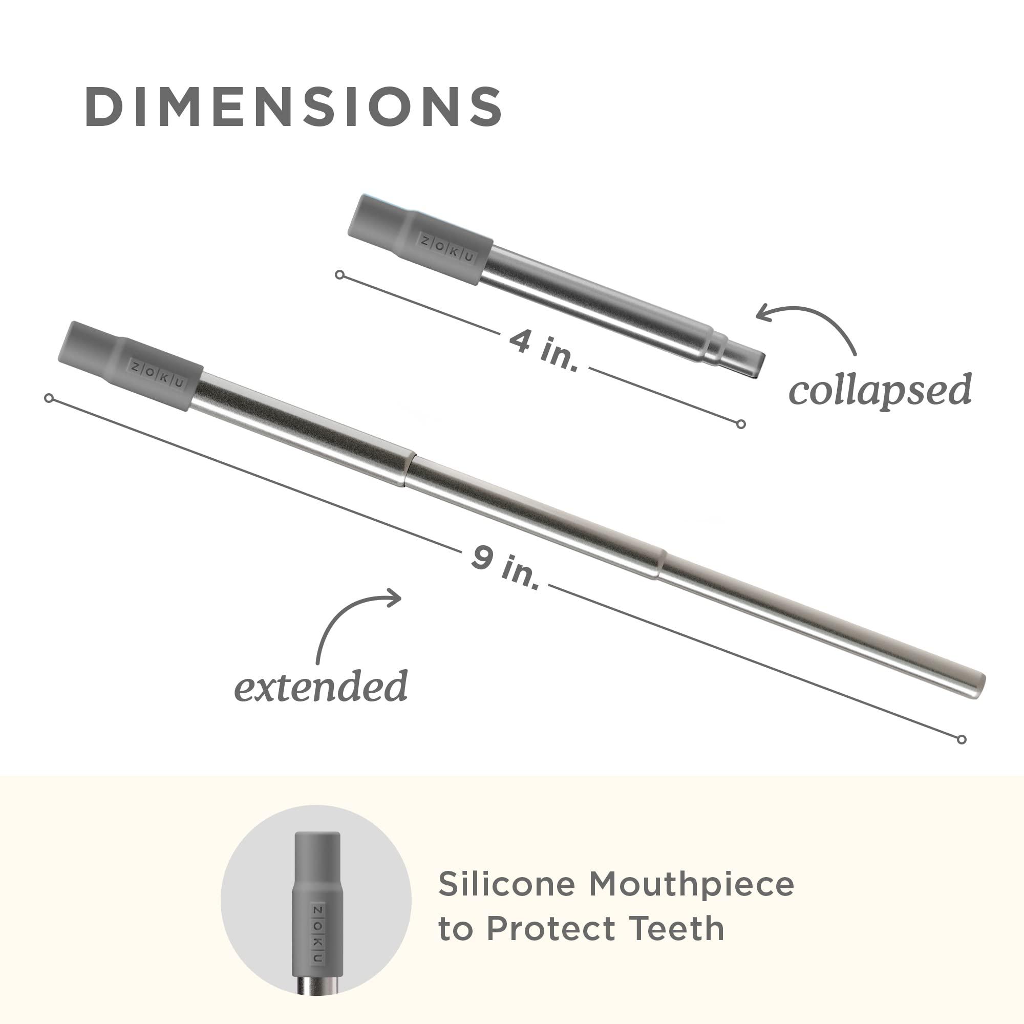 Zoku ZOKU Reusable Metal Straw with Case for Travel, Grey - Collapsible Stainless Steel Drinking Straw with Silicone Tip and Cleaner Brush, Ideal for Key Chains, Pockets, Purses