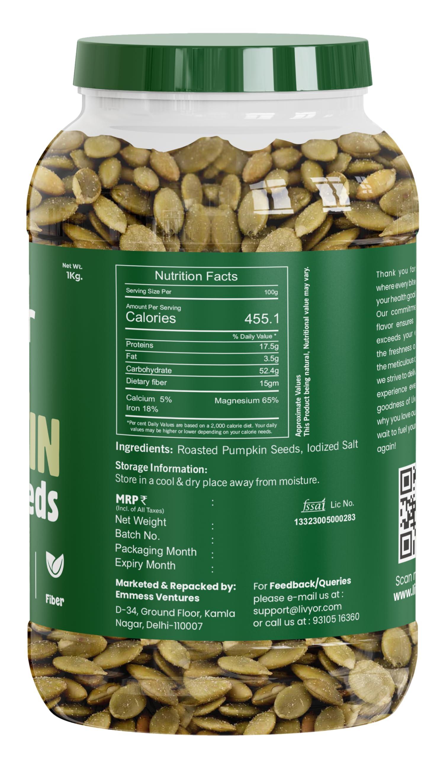 LIVYOR LIVYOR Roasted Pumpkin Seeds, Lightly Salted, Full of Protein and Fiber Rich Superfood, High in Magnesium, 1kg