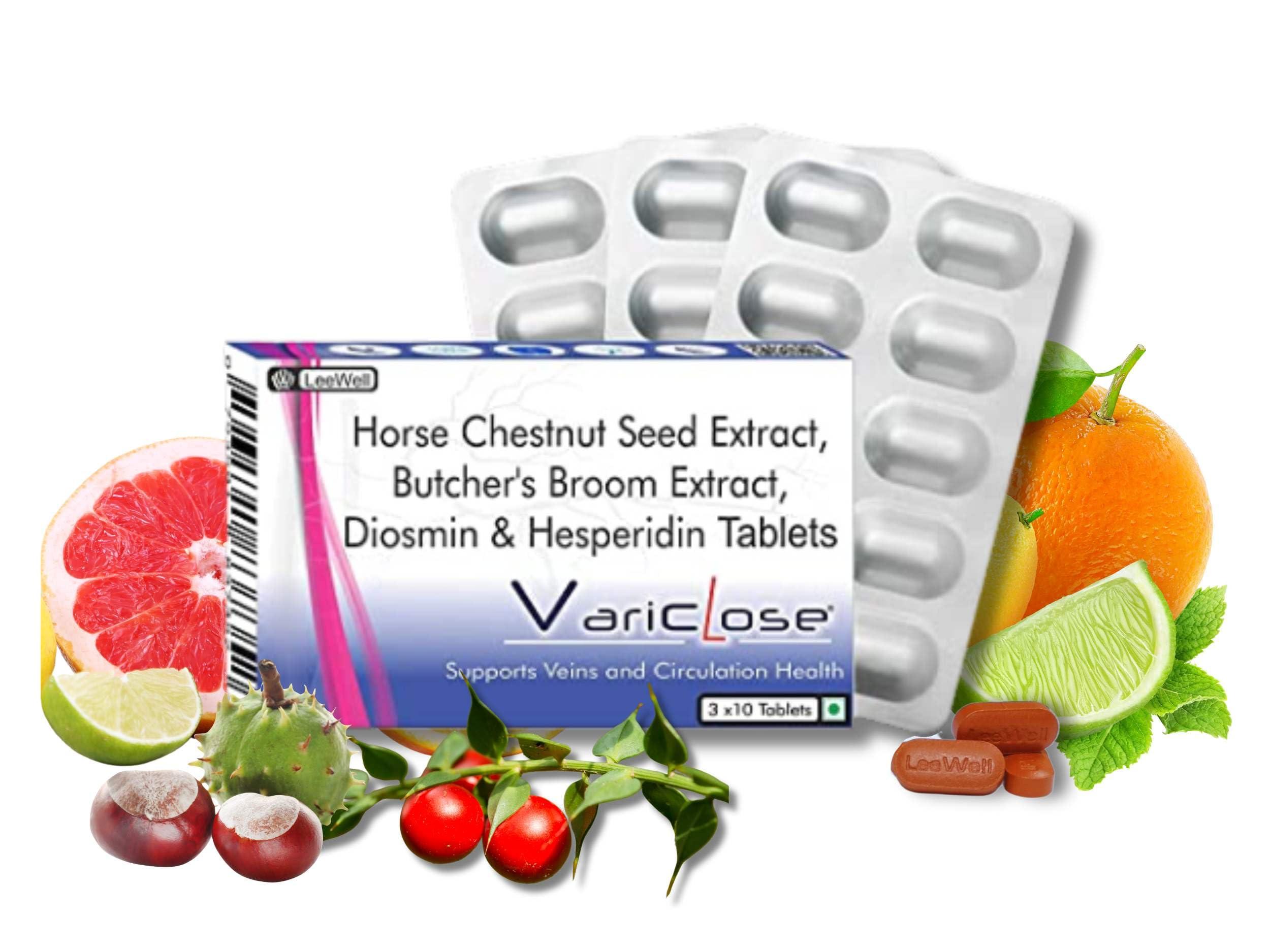 VARICLOSE Variclose Varicose Vein Support | Restless Legs Circulation Flow, Cramps, Twisted, Enlarged, Discolored Veins Aid | Diosmin, Hesperidin, Horse Chestnut extract (Aescin), Butcher\'s broom extract (Ruscogenins) - 30 Tablets (Leewell Pharma)