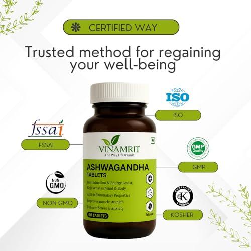 VINAMRIT Vinamrit Ashwagandha (1000 mg) for Stress Relief & Sound Sleep | Pure Root Withania Somnifera Extract | Improves Strength, Stamina and Muscle Recovery | 60 Tablets