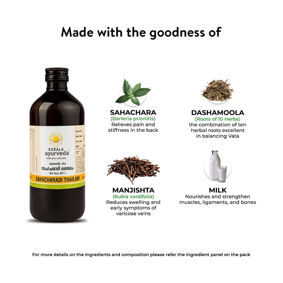 KERALA ayurveda Kerala Ayurveda Sahacharadi Thailam 450 ml| Back pain oil | Massage Oil | Relief from Back pain and sciatica | Ayurvedic Tel for Muscle and Joint Pain| With Sahachara, Dashmoola, Manjistha, Sesame Oil Base | Original Ayurvedic Herbal formulation.