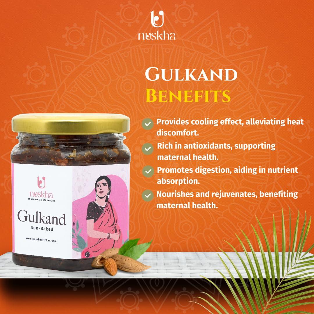 NUSKHA KITCHEN Gulkand from Nuskha | Organic Gulkand | Rose Petal jam | Pregnancy Food | Natural Coolant | Enriched with Prawal Sun-cooked Indian (Rose Petal Jam) | Sugar-Free Gulkand