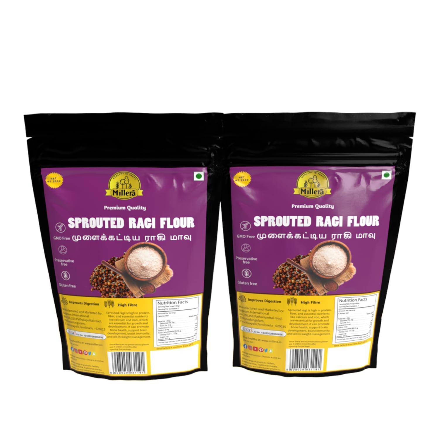 MILLERA Millera Sprouted Ragi Powder - Pack of 2 | 400g (200g x 2) | 100% Natural Sprouted Ragi Flour/Nachni Flour/Ragi Satva/Kodra/Taidalu/Kezhvaragu/Finger Millet Flour (Pack of 2)
