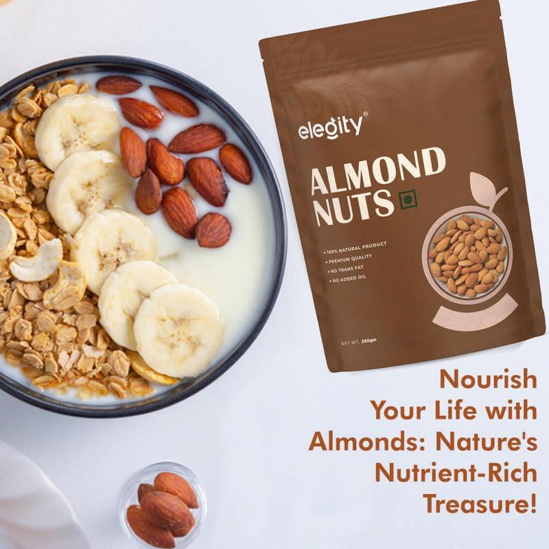 ELEGITY Elegity 100% Natural Plain California Almonds Pouch 250 gm | Nutritious & Delicious Badam | High in Fiber & Boost Immunity | Rich in Protein, Tasty Nuts | No Preservatives Added in Dry Fruit