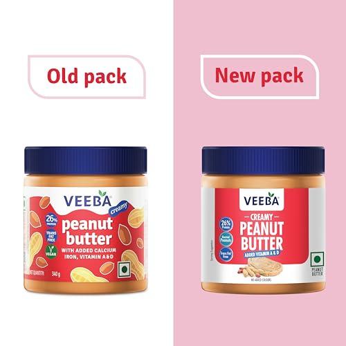 VEEBA Veeba Peanut Butter Creamy | Smooth | High Protein | Naturally Gluten Free | Vegan | Trans Fat Free | No Added Preservatives | Added Calcium, Iron, Vitamin A & D | No Added Colour & Flavour | Non GMO | 340 g