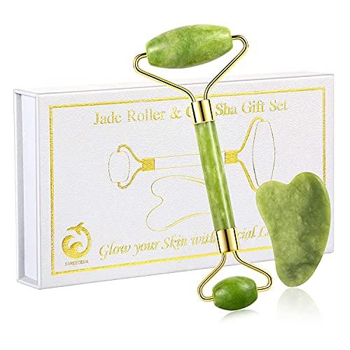KILO COOL HVAC Jade Roller and Gua Sha Set for Beautiful Skin Detox - Facial Body Eyes Neck Massager Tool Reduce Wrinkles Aging - Original Natural Jade Stone