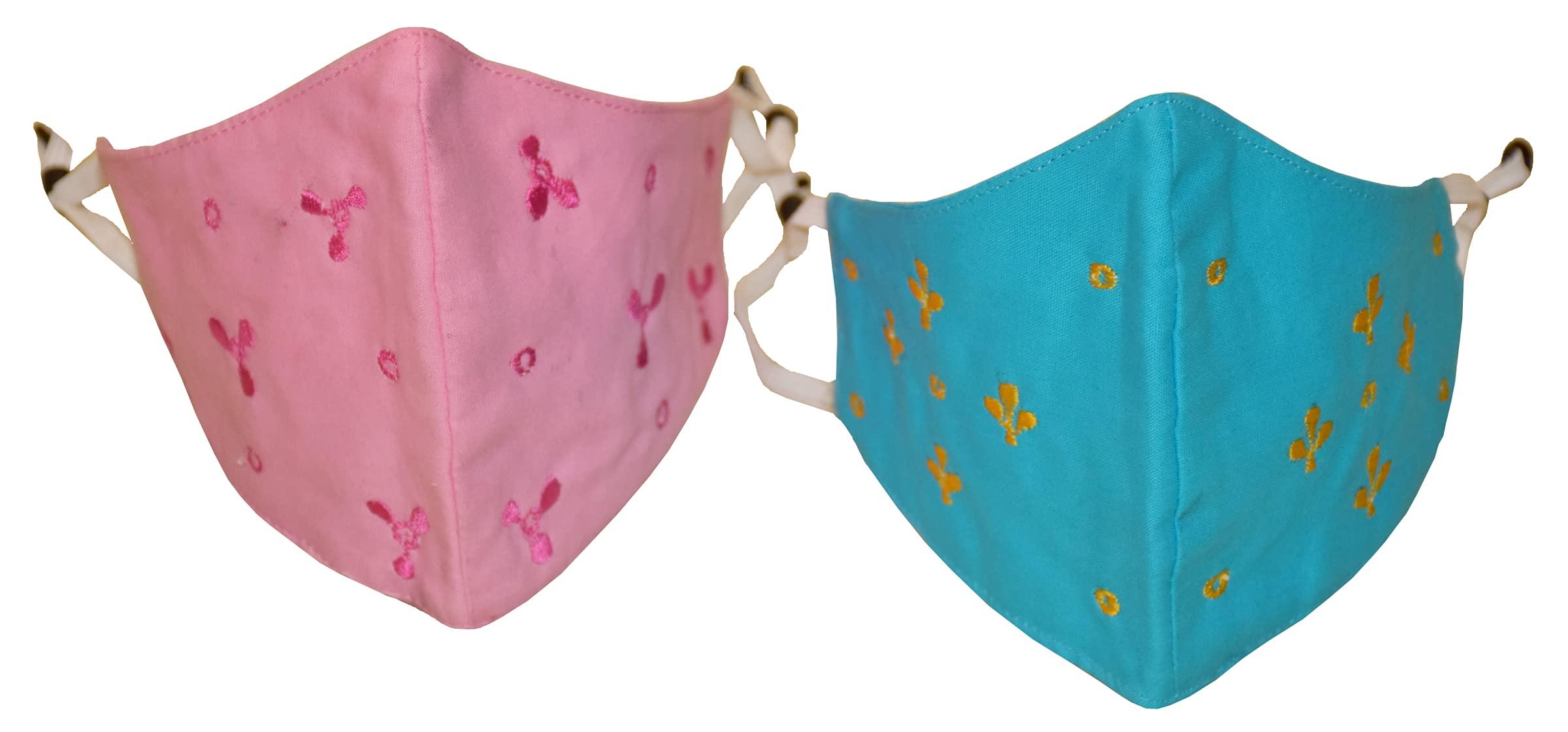 Kheyali Boutique Kheyali Boutique Pure Cotton Hand Embroidered Washable Reusable Anti Pollutant 3 Ply Face Mask(Light Blue,Pink,Blue Pack of 2)